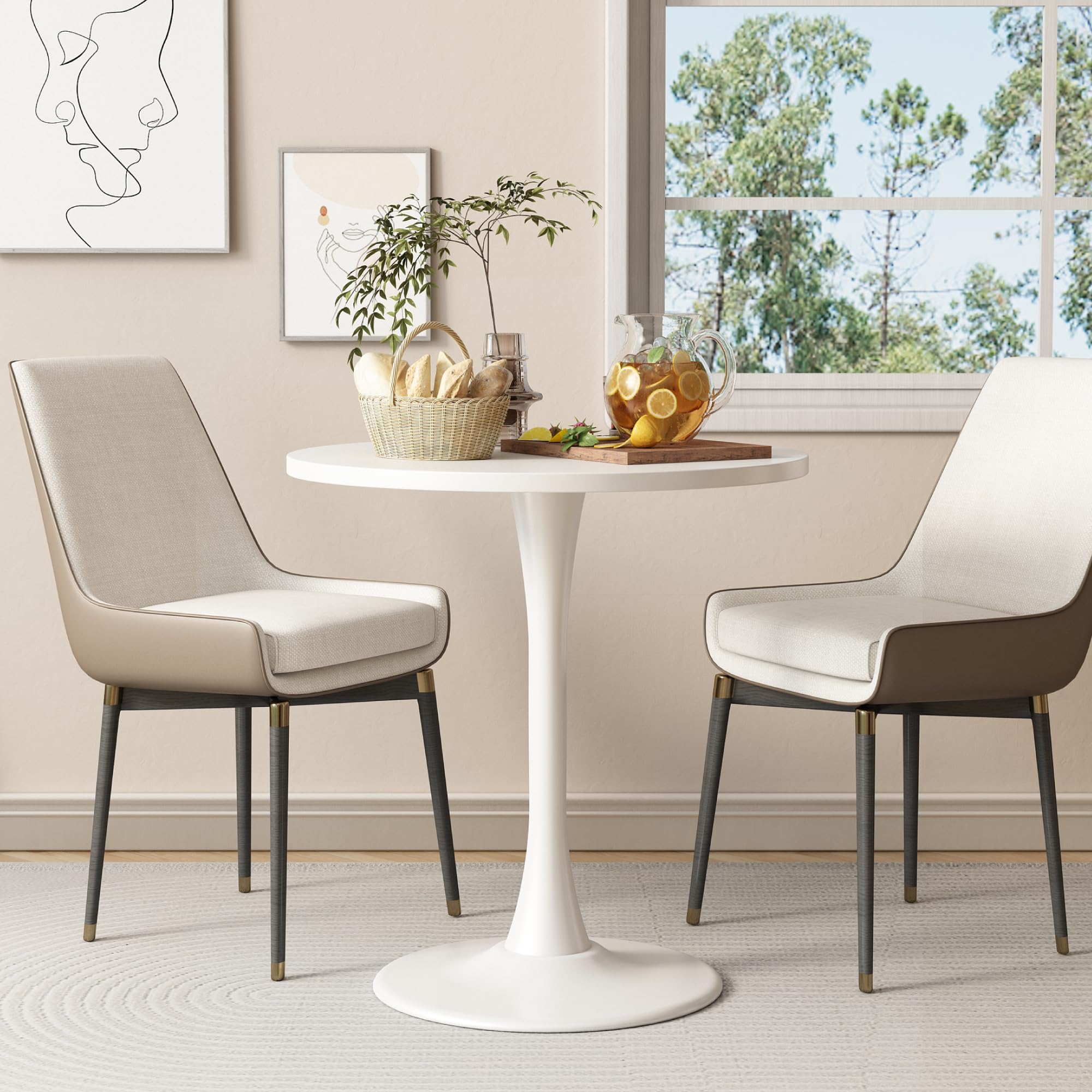 Kasinali Round Dining Table 27.5" Circle Tulip Table with Wood Thickened Tabletop & Sturdy Metal Pedestal Mid Century Modern Leisure Bistro Kitchen Tables 4 People Small Places Living Room Cafe,White
