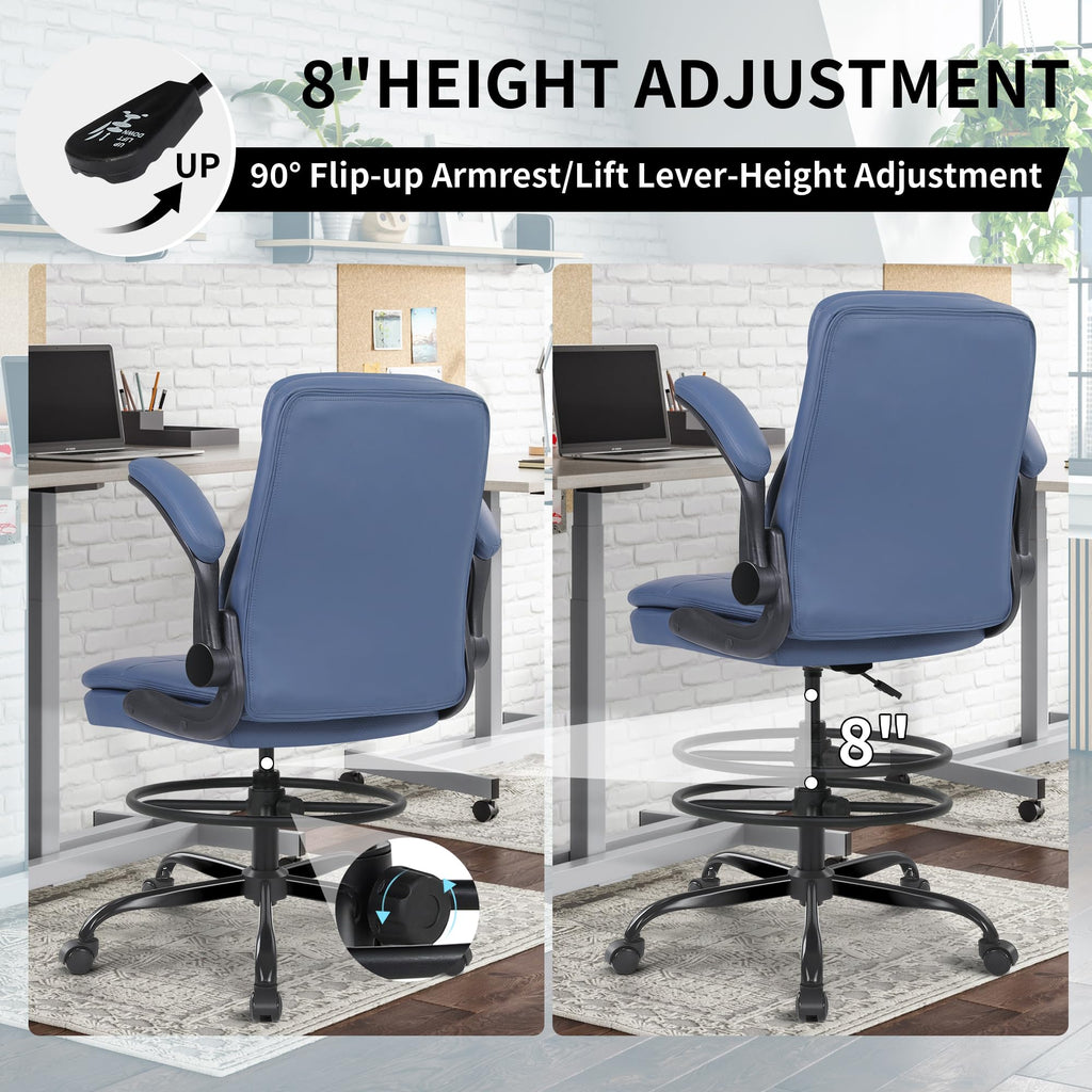 Leather Drafting Chair, Tall Office Chair for Standing Desk, High Executive Office Chair with Adjustable Height and Flip-up Armrest for Counter Height Desk