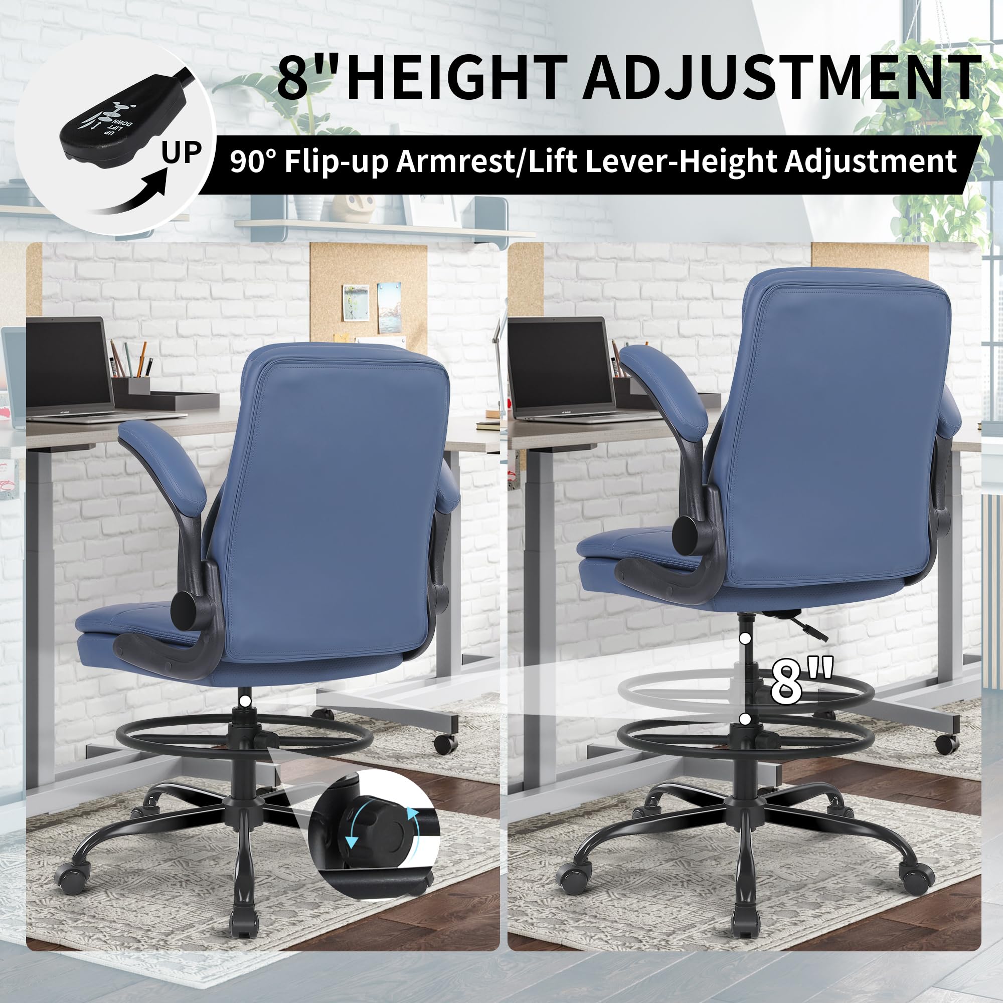Leather Drafting Chair, Tall Office Chair for Standing Desk, High Executive Office Chair with Adjustable Height and Flip-up Armrest for Counter Height Desk