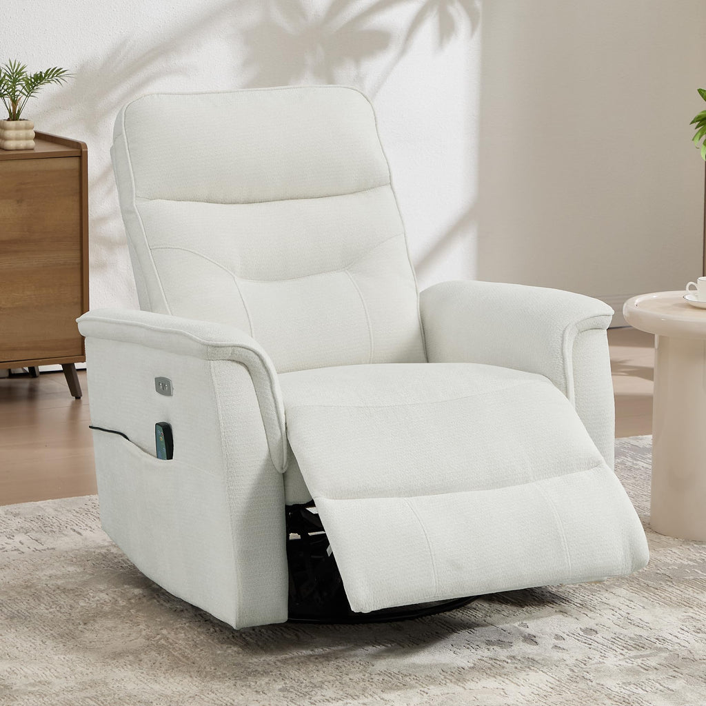 Recliner Chair for Adults, Power Chenille Nursery Rocker Recliner Massage and Heat, Oversized Swivel Reclining Chair with USB Ports for Living Room, Office White