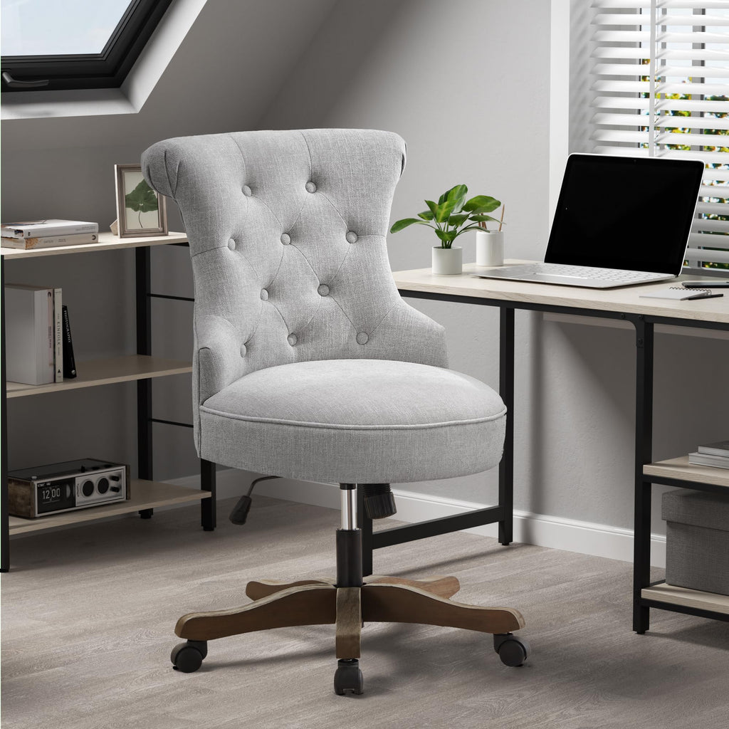Home Office Chair Upholstered Armless Desk Chair with Wheels Adjustable Height Computer Desk Chair with Wooden Legs Linen Comfortable Swivel Chairs for Home Office Study Studio (Light Grey)