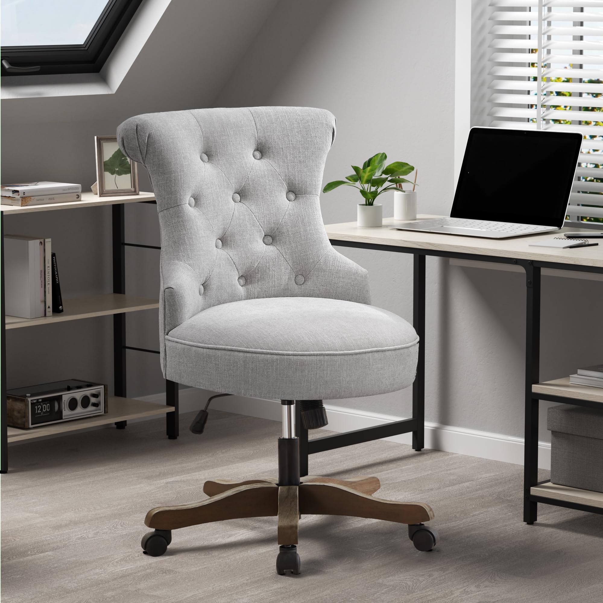 Home Office Chair Upholstered Armless Desk Chair with Wheels Adjustable Height Computer Desk Chair with Wooden Legs Linen Comfortable Swivel Chairs for Home Office Study Studio (Light Grey)