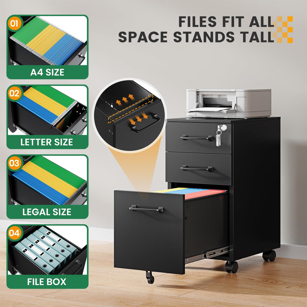 3 Drawer Slim File Cabinet, Mobile Filing Cabinet with Lock,Black Rolling Narrow File Cabinets with Casters, Under Desk Office Cabinets for Home Office,Fit A4/Letter/Legal(Unassembled)