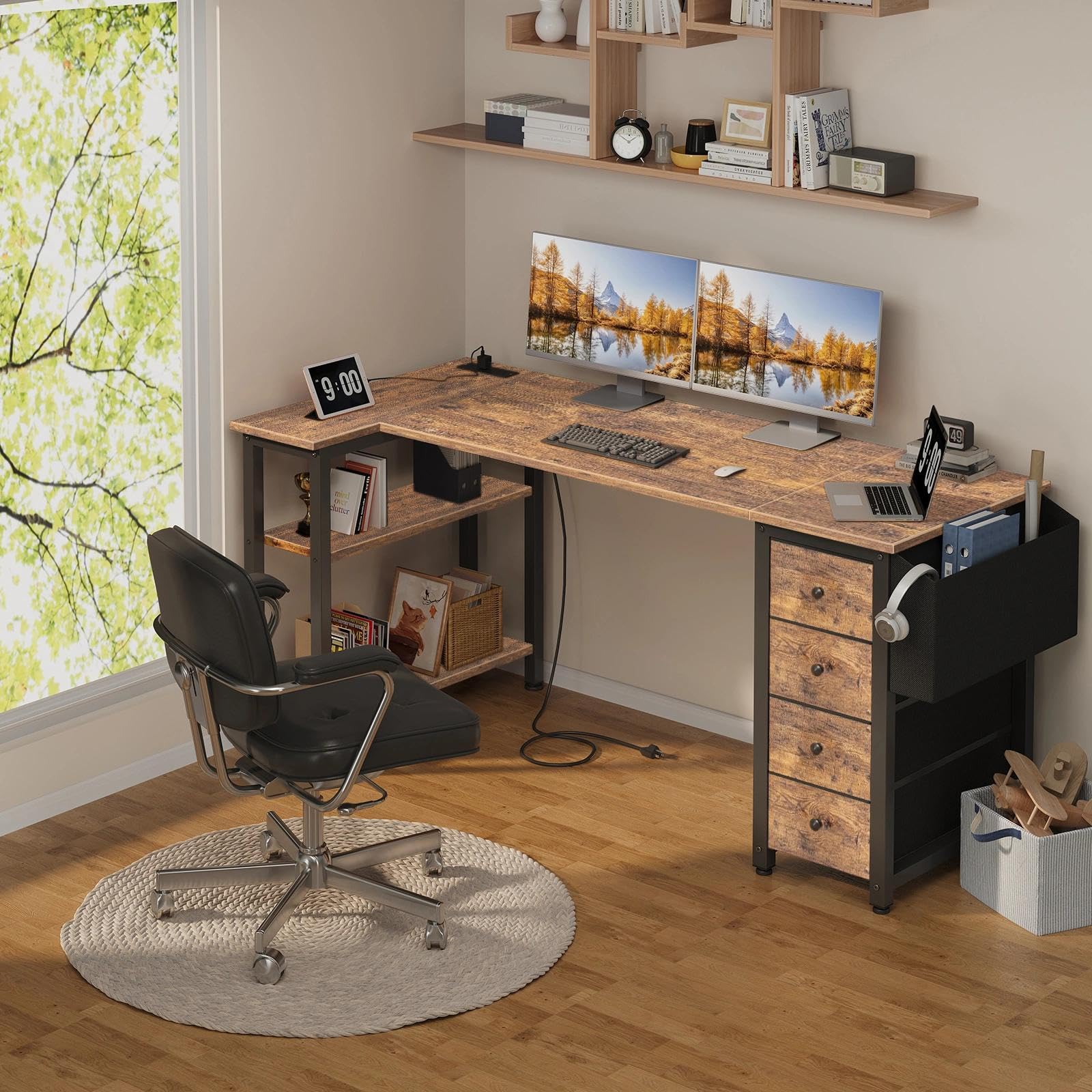 L Shaped Computer Desk with Drawers & Storage Shelves, 63 Inch Corner Desk with Power Outlet for Home Office Bedroom, L-Shaped Teen PC Gaming Desks with Fabric Drawer, Rustic Brown