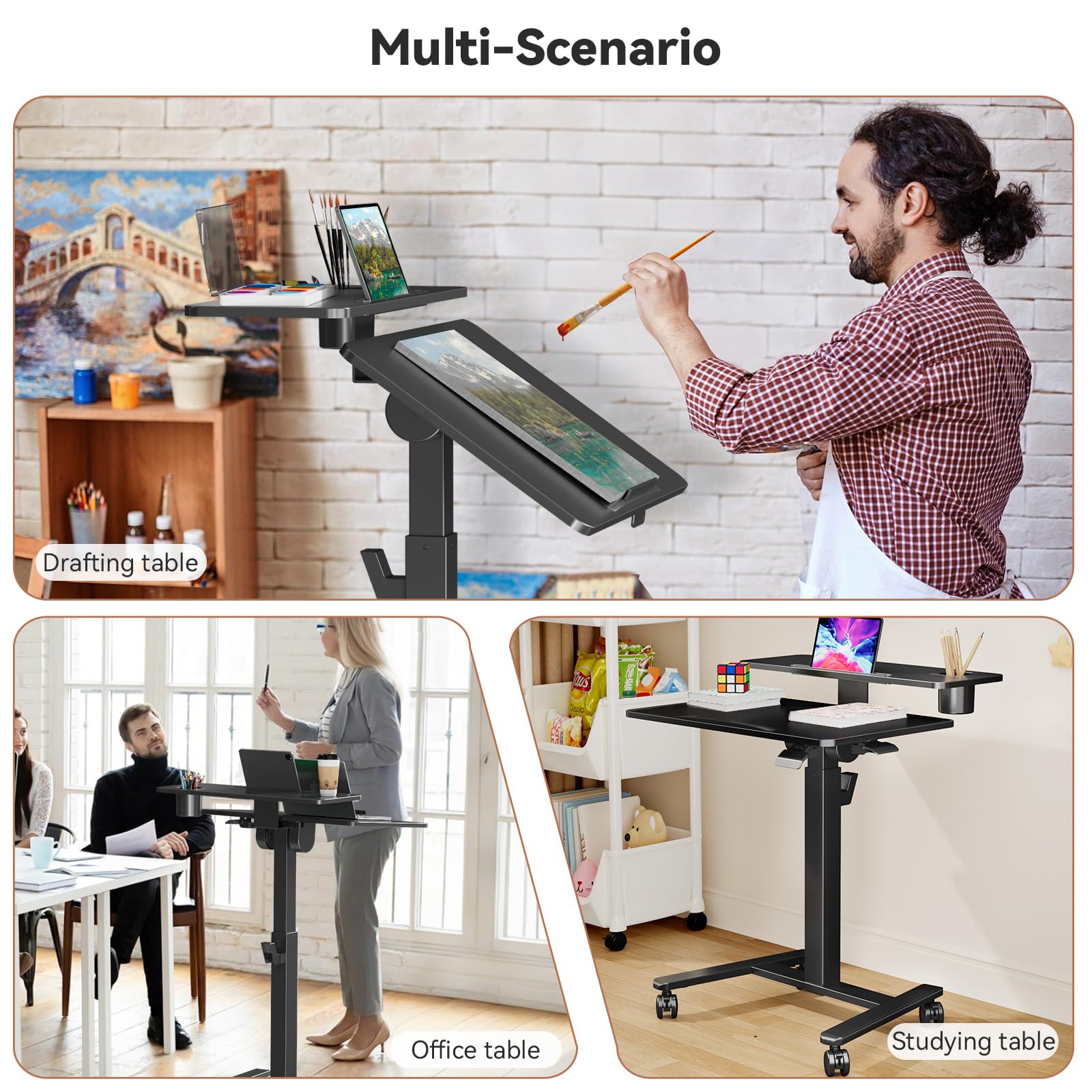 28Inch Rolling Standing Desk On Wheels， Small Computer Workstation Adjustable Height， Mobile Laptop Stand with Tiltable Desktop， 2-Tier Portable Study Table with Storage Shelves， Black