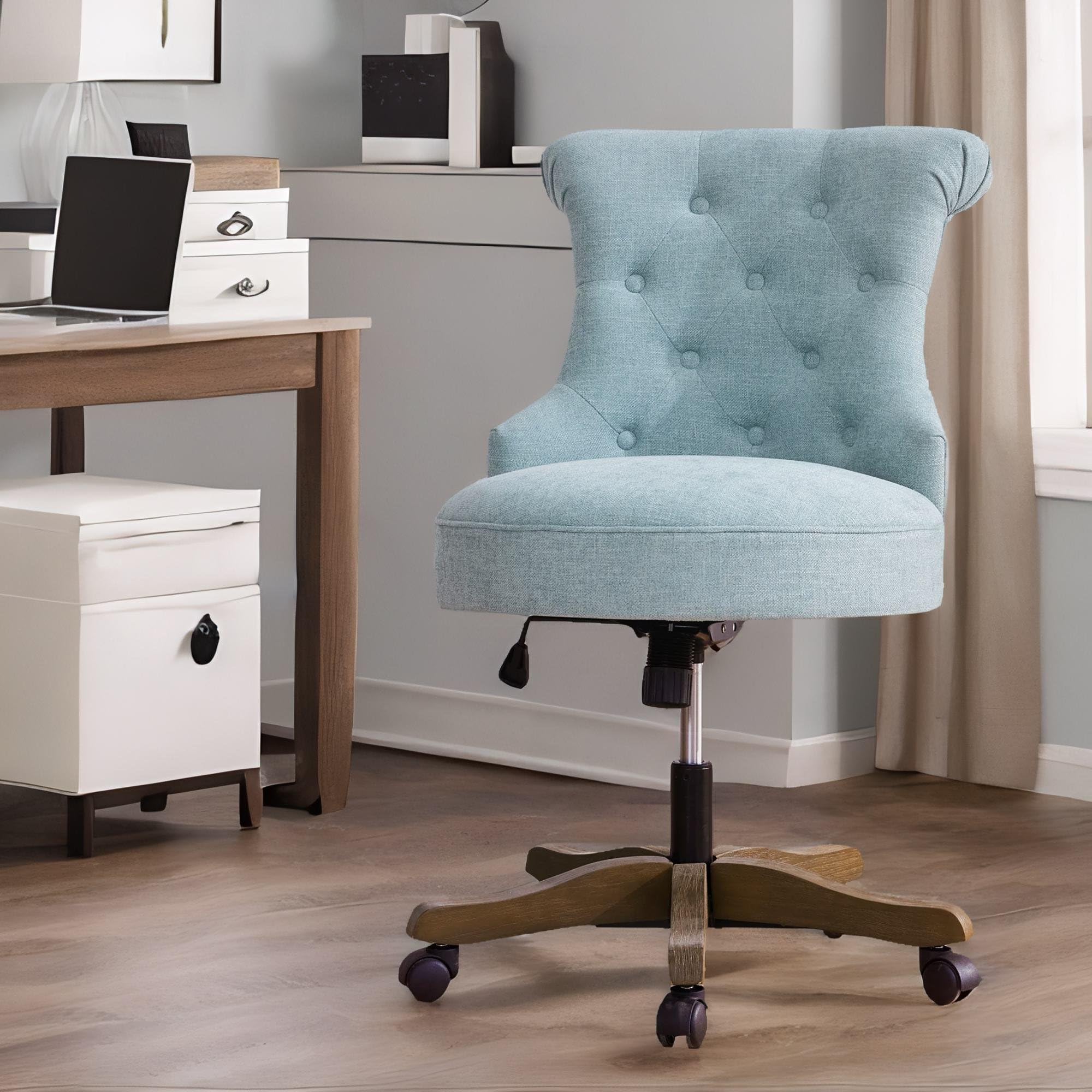 Home Office Chair Upholstered Armless Desk Chair with Wheels Adjustable Height Computer Desk Chair with Wooden Legs Comfortable Linen Swivel Chairs for Home Office Study Studio (Teal)
