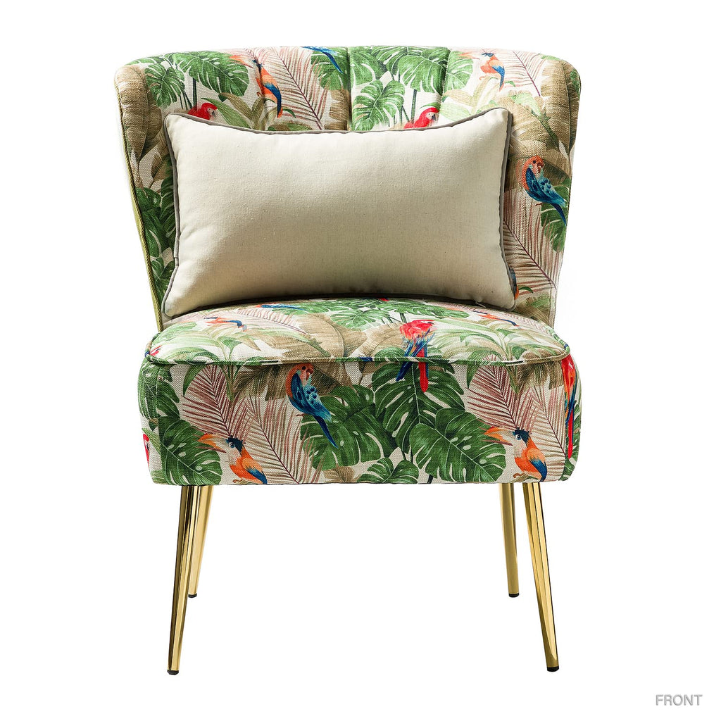 Modern Accent Chair with Golden Legs, Comfy Cute Living Room Chair, Wingback Small Armless Side Chair, Upholstered Tufted Slipper Chair for Bedroom, Reading Room (Tropical Parrot, Green)