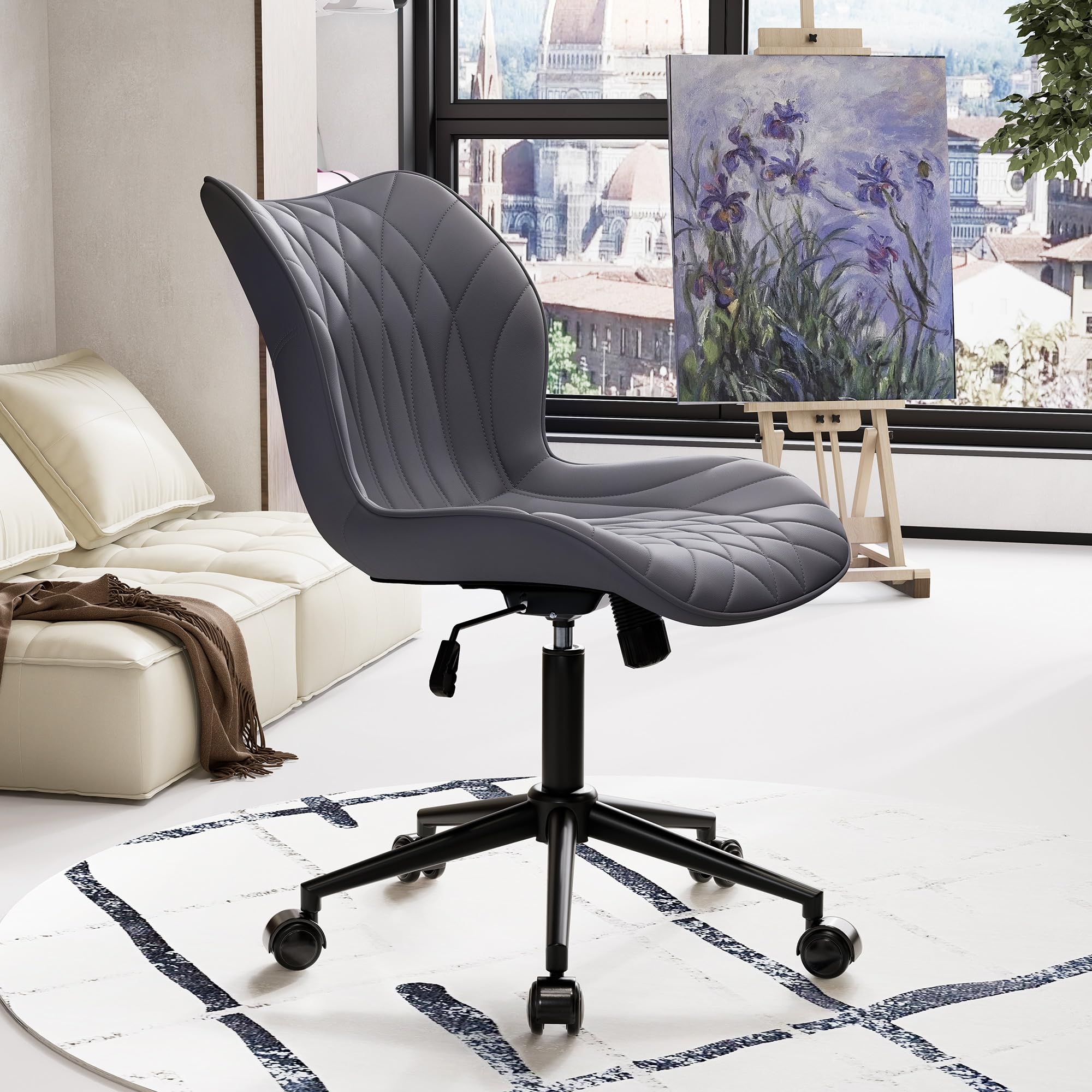 Armless Desk Chair Comfy Office Chair with Wheels HomeTask Chair Adjustable Computer Chairs Modern PU Leather Swivel Chairs Upholstered Makeup Vanity Chair(Grayish Purple)