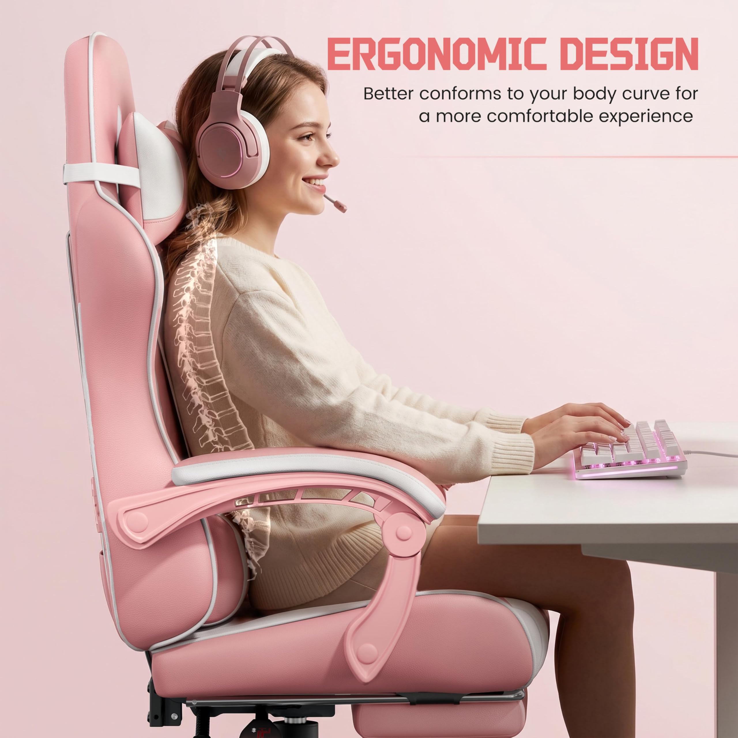 Gaming Chair, Video Game Chair with Massage Lumbar Support and Footrest Height Adjustable Ergonomic Computer Chair with Swivel Seat and Headrest, Pink/White