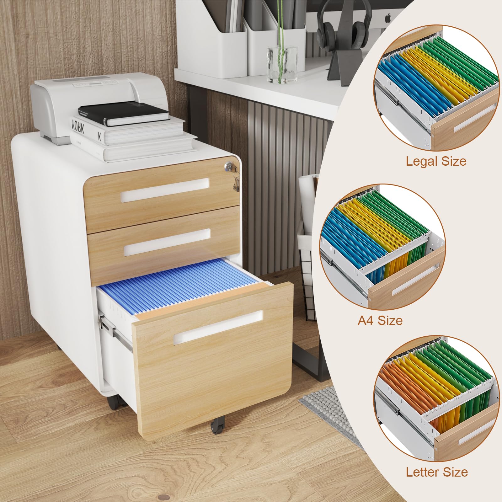 3 Drawer File Cabinet for Office, Under Desk Mobile Filing Cabinet with Lock for A4/Letter/Legal Size, 5 Wheel Anti-tilt Rolling File Cabinets, Fully Assembled