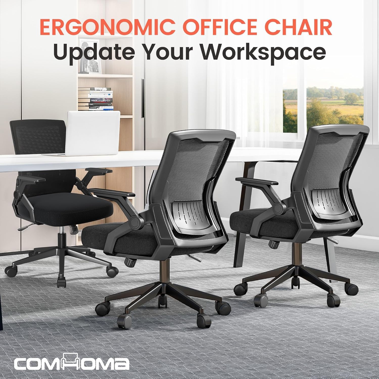 Office Chair with Flip-up Armrests Ergonomic Computer Desk Chair with Adaptive Lumbar Support & Breathable Mesh, Black, Pack of 2