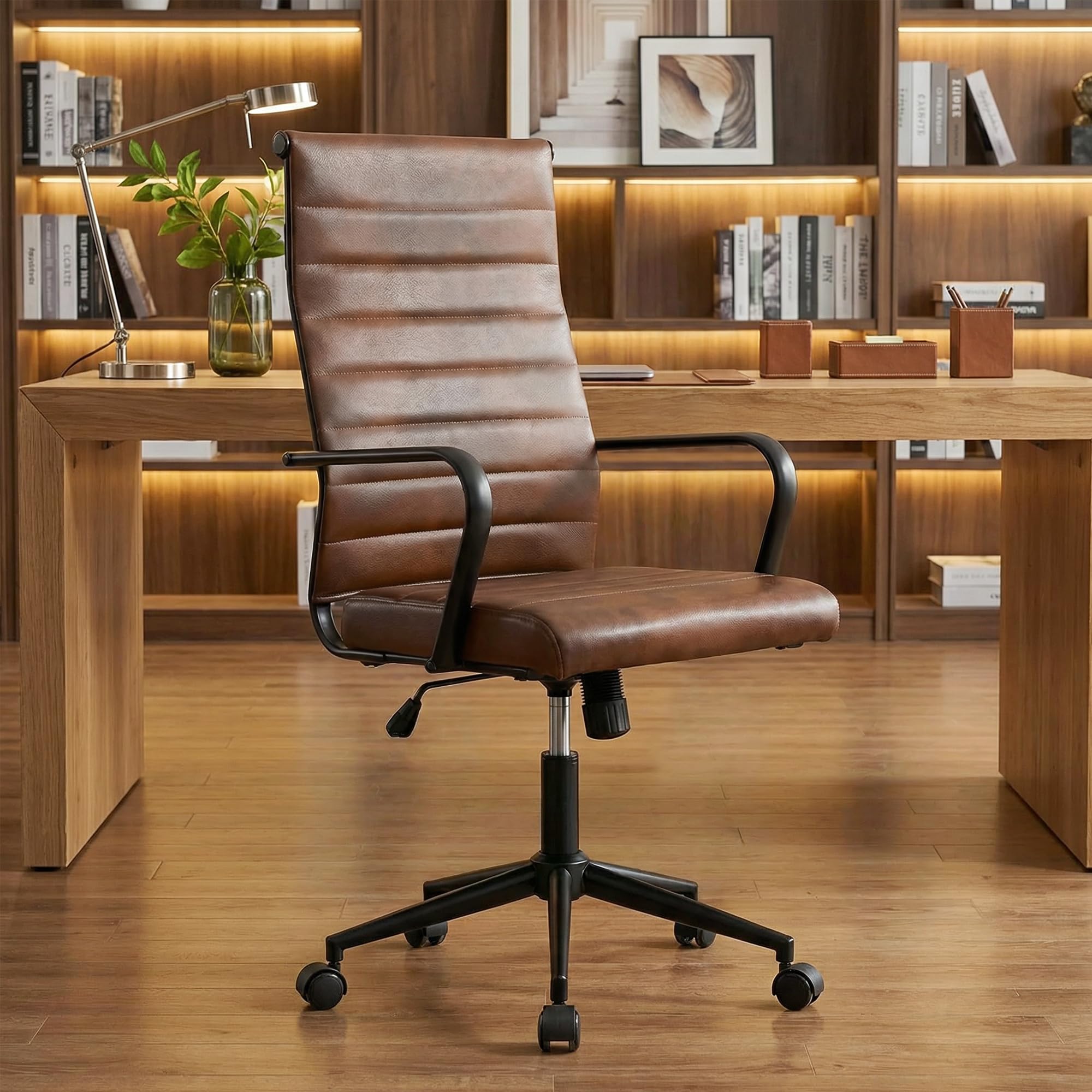 Leather Office Desk Chair, Mid-Century Modern Leather Conference Room Chairs, Ergonomic Executive Ribbed Height Adjustable Swivel Rolling Chair for Home Office.