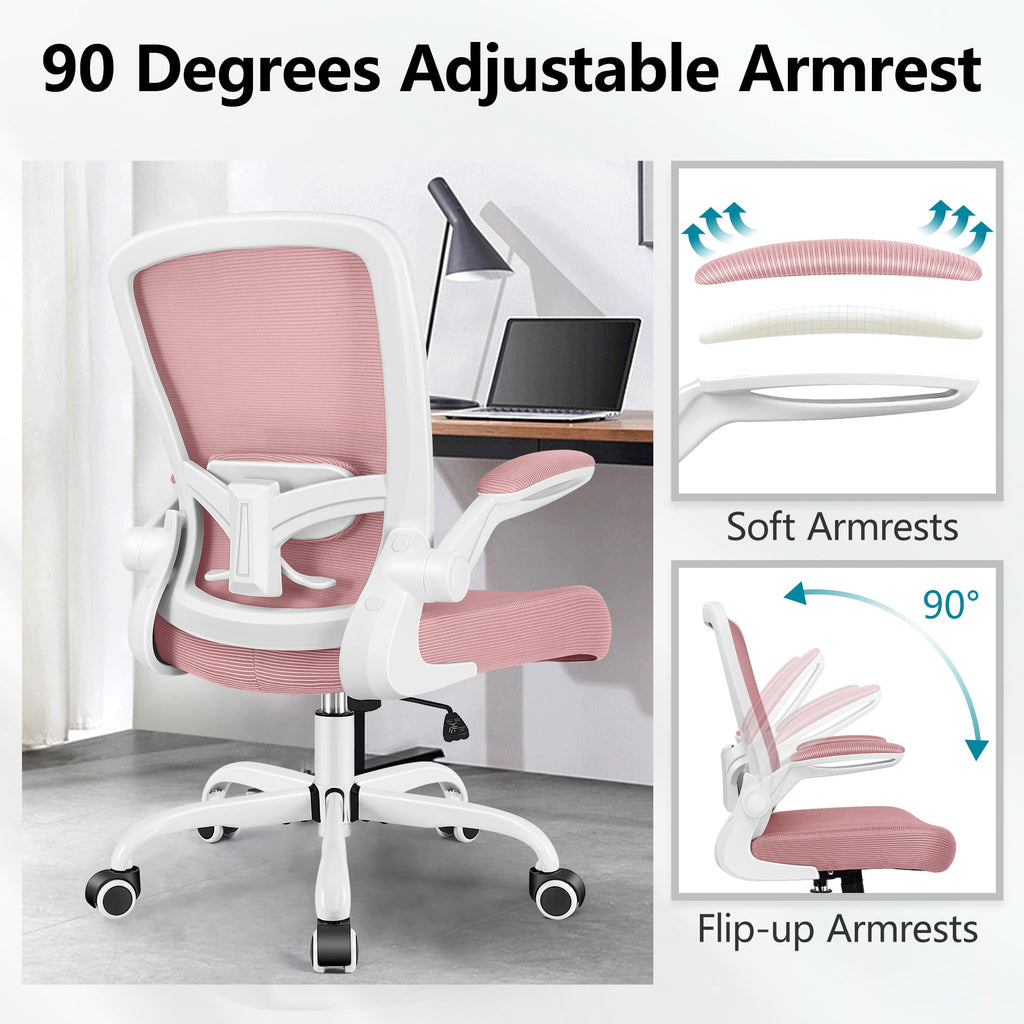 Office Chair, Ergonomic Desk Chair Breathable Mesh Chairs Adjustable High Back Lumbar Support Flip-up Armrests, Executive Rolling Swivel Comfy Computer Chairs Home Office Rose Quartz