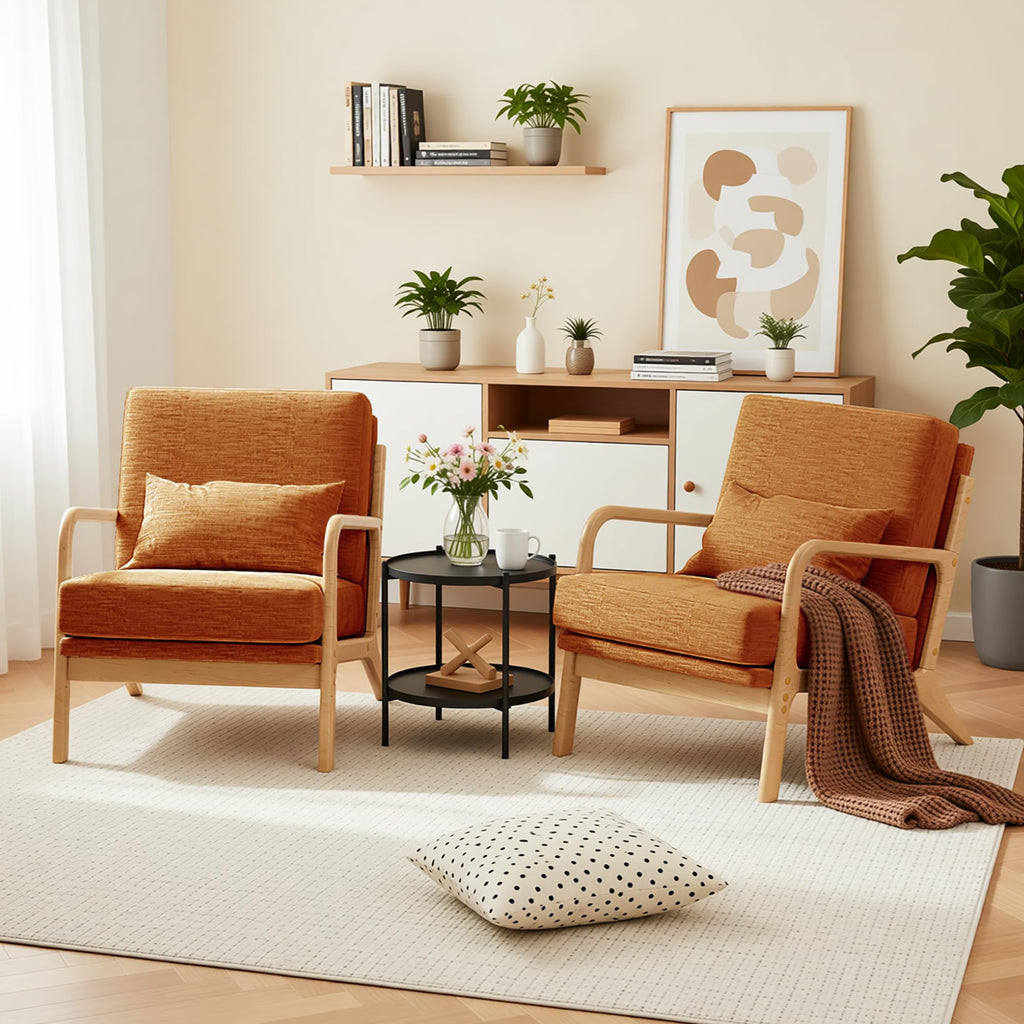 Mid-Century Modern Accent Chair, Armchair with Solid Wood Frame & Lumbar Pillow, Comfy Upholstered Lounge Chair for  Office, Bedroom, Linen-Like Fabric, Orange