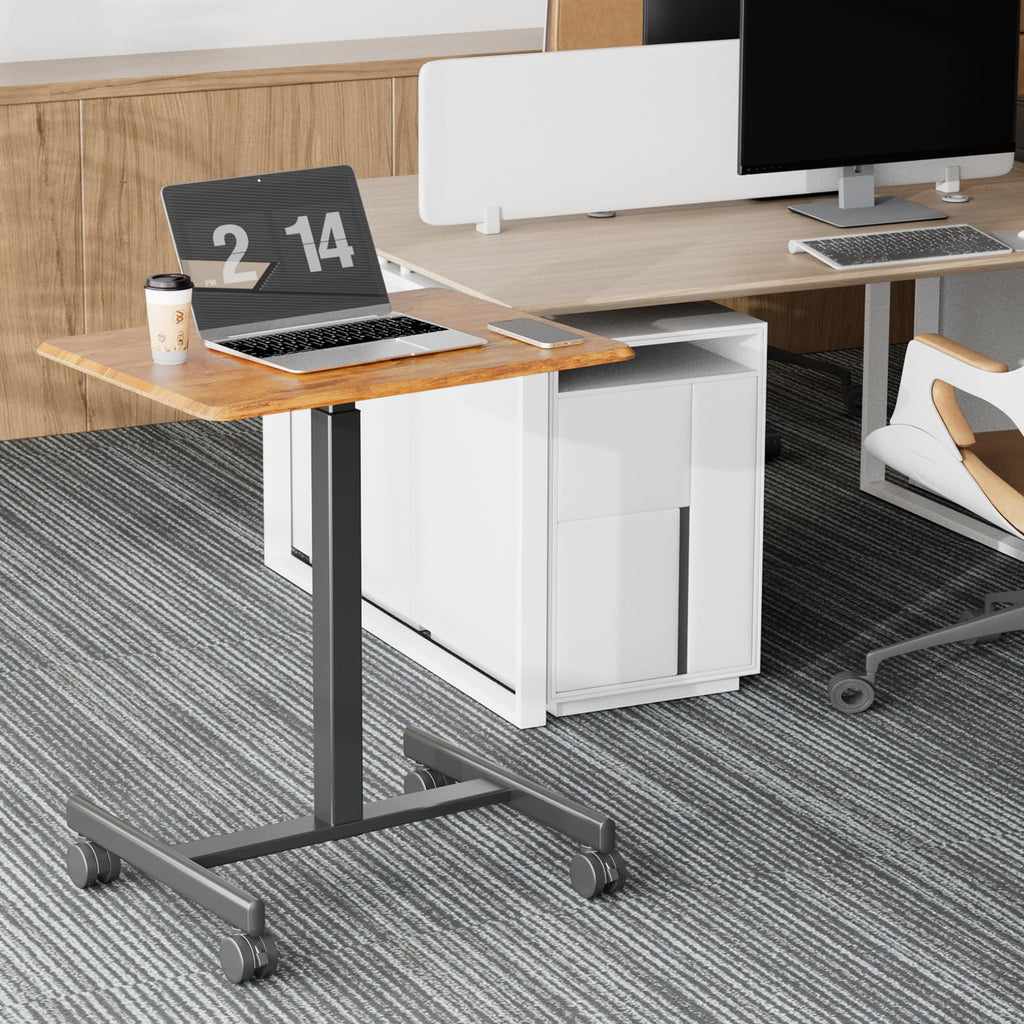 Small Standing Desk Mobile Portable Rolling Laptop PC Table on Wheels Adjustable Height Computer Workstation for Home Office, 19 Inch, Modern Brown