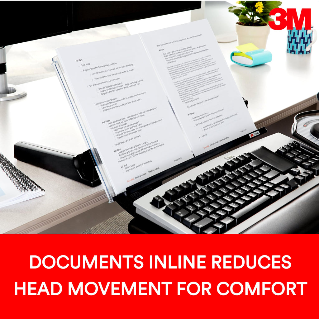 Adjustable Document Copy Holder, In-line with Monitor Minimizing Head and Neck Movement, 300 Sheet Capacity Holds Sheets to Books, Elastic Line Guide Keeps Pages Open, 18" Wide, Black