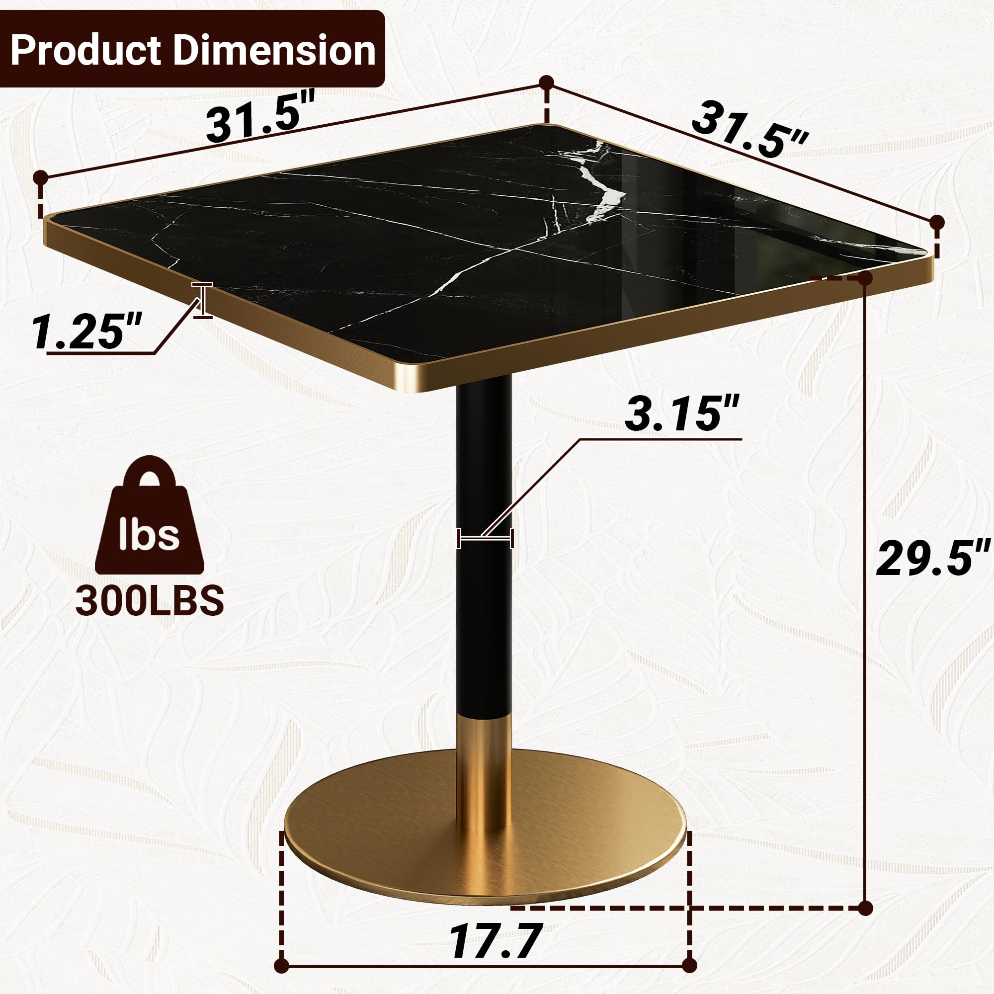 hausway 31.5" Tulip Table,Square Kitchen Dining Table for 2-4 with Thick Sintered Stone Top,Titanium Golden Pedestal Base,Heat-Resistant,Bistro Table for Dining Room,Café,Small Space（Inky Axis）