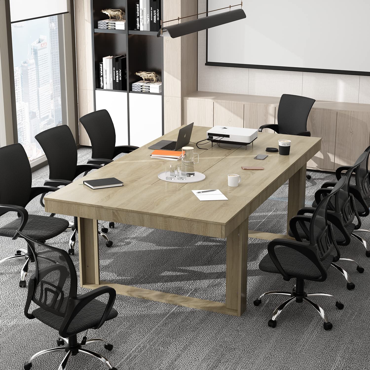 7FT Conference Table for 6-8 People, Large Rectangular Meeting Table, Modern Seminar Table for Office Meeting Conference Room, Brown (86.6”L x 47.2”W x 29.4”H)