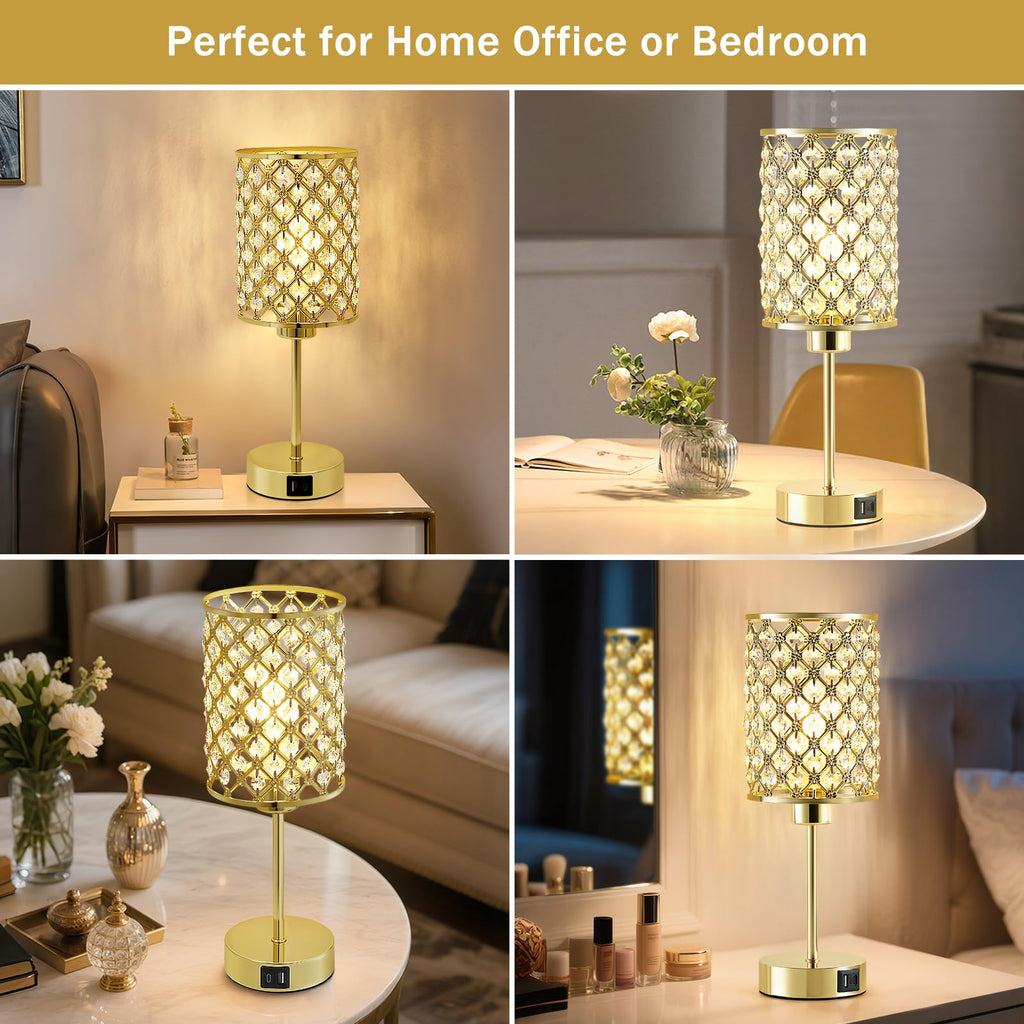 Gold Crystal Bedside Table Lamps Set of 2 with USB C+A Ports