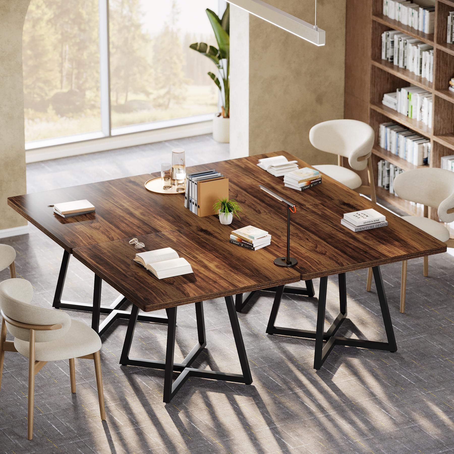 31.5" Square Conference Table, Industrial Office Meeting Table for 4 People, Business Podcast Furniture with Metal Base for Small Spaces, Office Conference, Brown & Black
