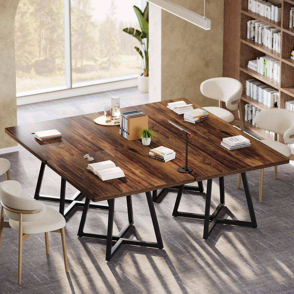 31.5" Square Conference Table Set of 4, 10 ft Industrial Office Meeting Table for 8-10 People, Business Podcast Furniture with Metal Base for Small Spaces, Office Conference, Brown