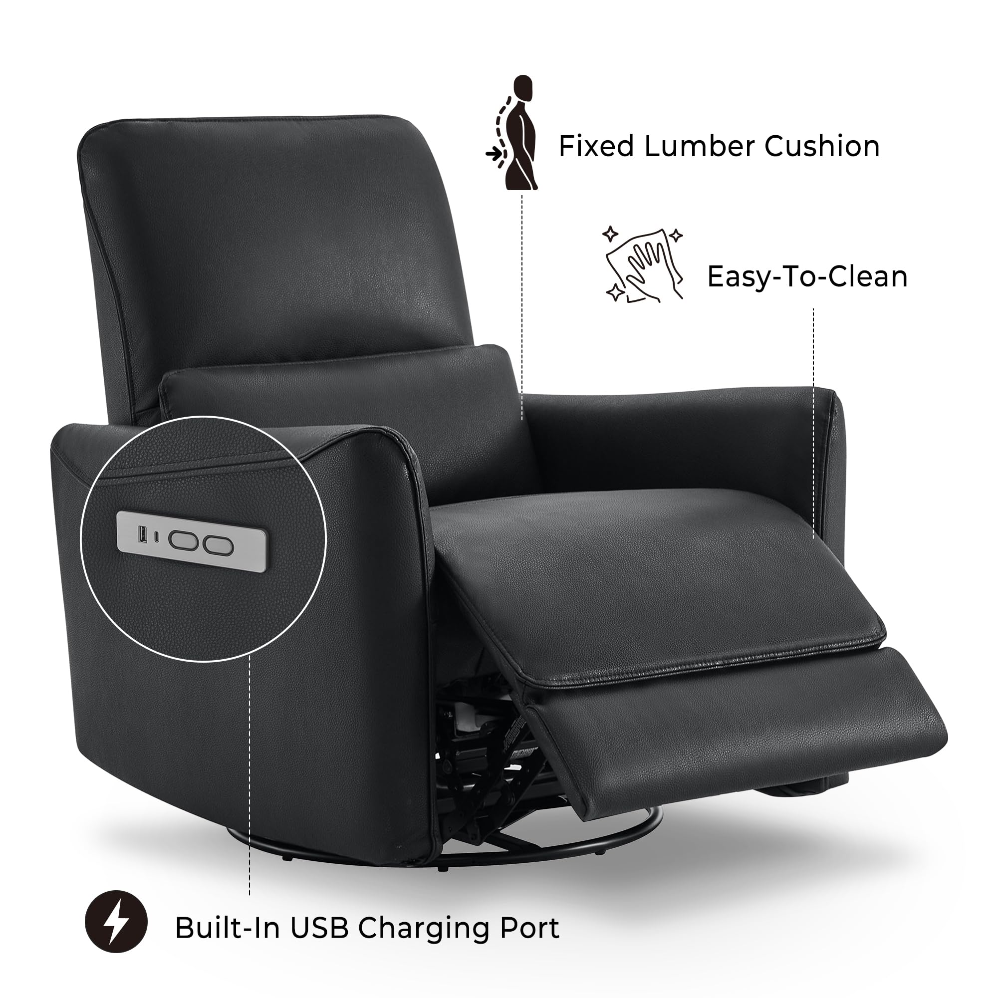Power Recliner Chair Swivel Glider, FSC Certified Upholstered Faux Leather Living Room Nursery Reclining Sofa Chair with Lumbar Support, Black