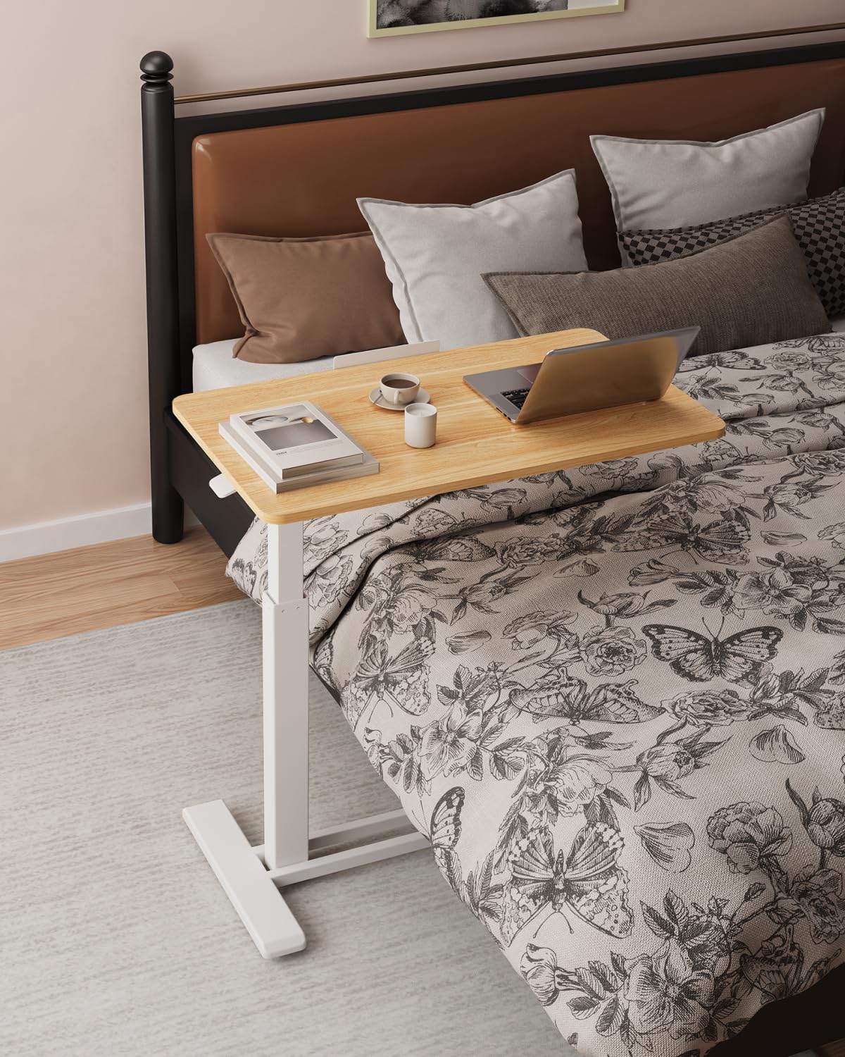 H7 PRO Mobile Standing Desk Adjustable Overbed Table Pneumatic with Wheels 55°Tiltable Portable Laptop Desk Rolling Computer Cart Foldable Bedside Table(27.6" W x 15.7" D, Maple)