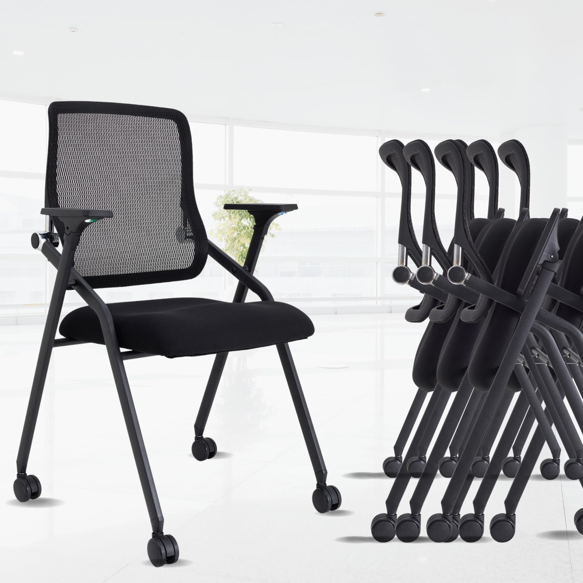 8 Pack Stackable & Foldable Conference Room Chairs with Lumbar Support, Armrest - Ergonomic Mesh Bouncing Back for Office Meeting, Conference, Reception and Training Room Chair