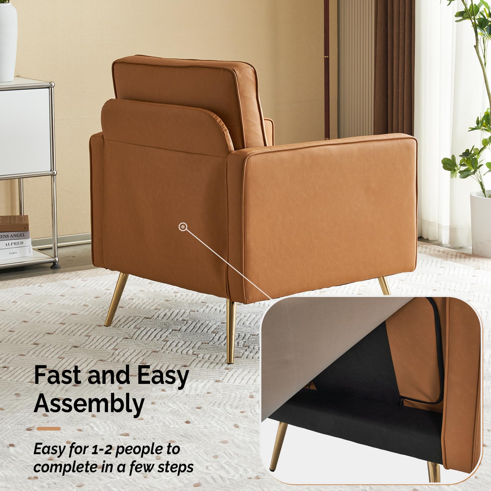 Modern PU Leather Accent Chair Comfy Chair Arm Chair Reading Chair with Golden Metal Legs and Deep Seat for Office,Apartment,Small Space,Cognac