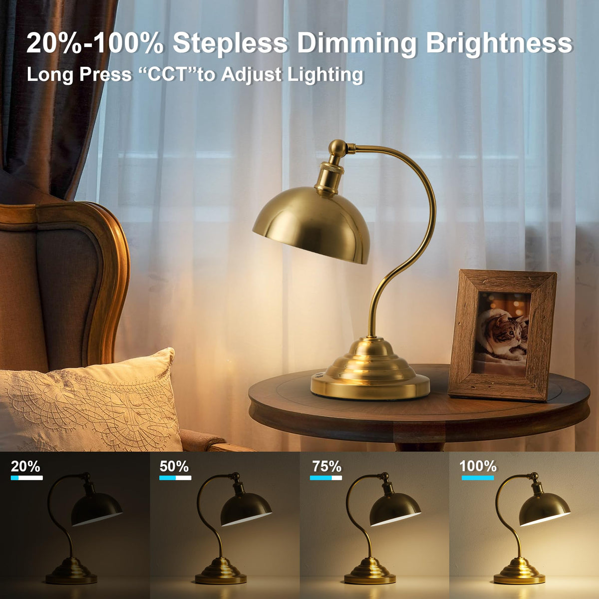 Cordless Table Lamp, Battery Operated Vintage Desk Light, Bras