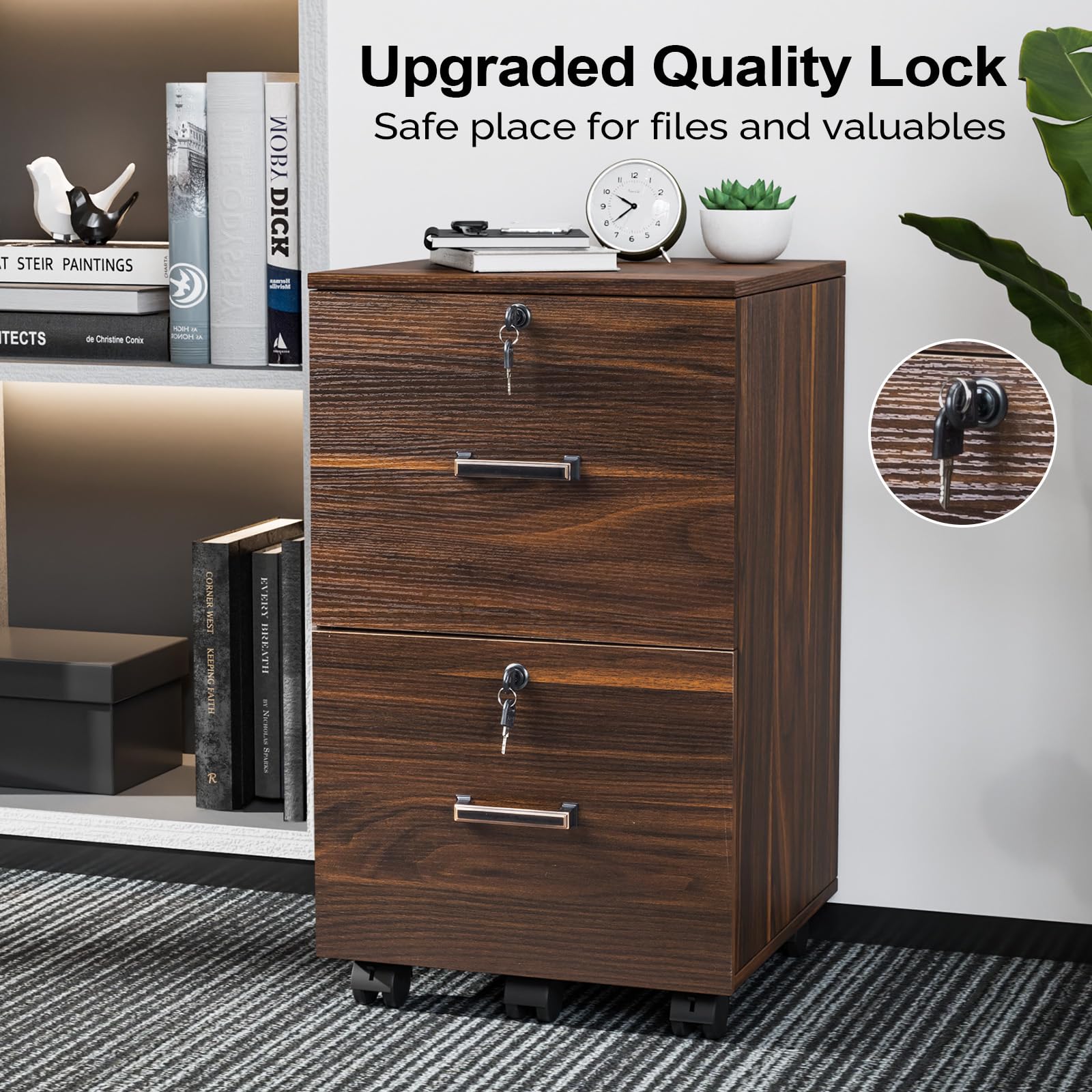 2 Drawer File Cabinet with Lock, Wood Dark Brown File Cabinets for Letter Size File Folders with Tabs, Under Desk Rolling Filing Cabinet for Home Office, Mobile File Organizer Printer Stand