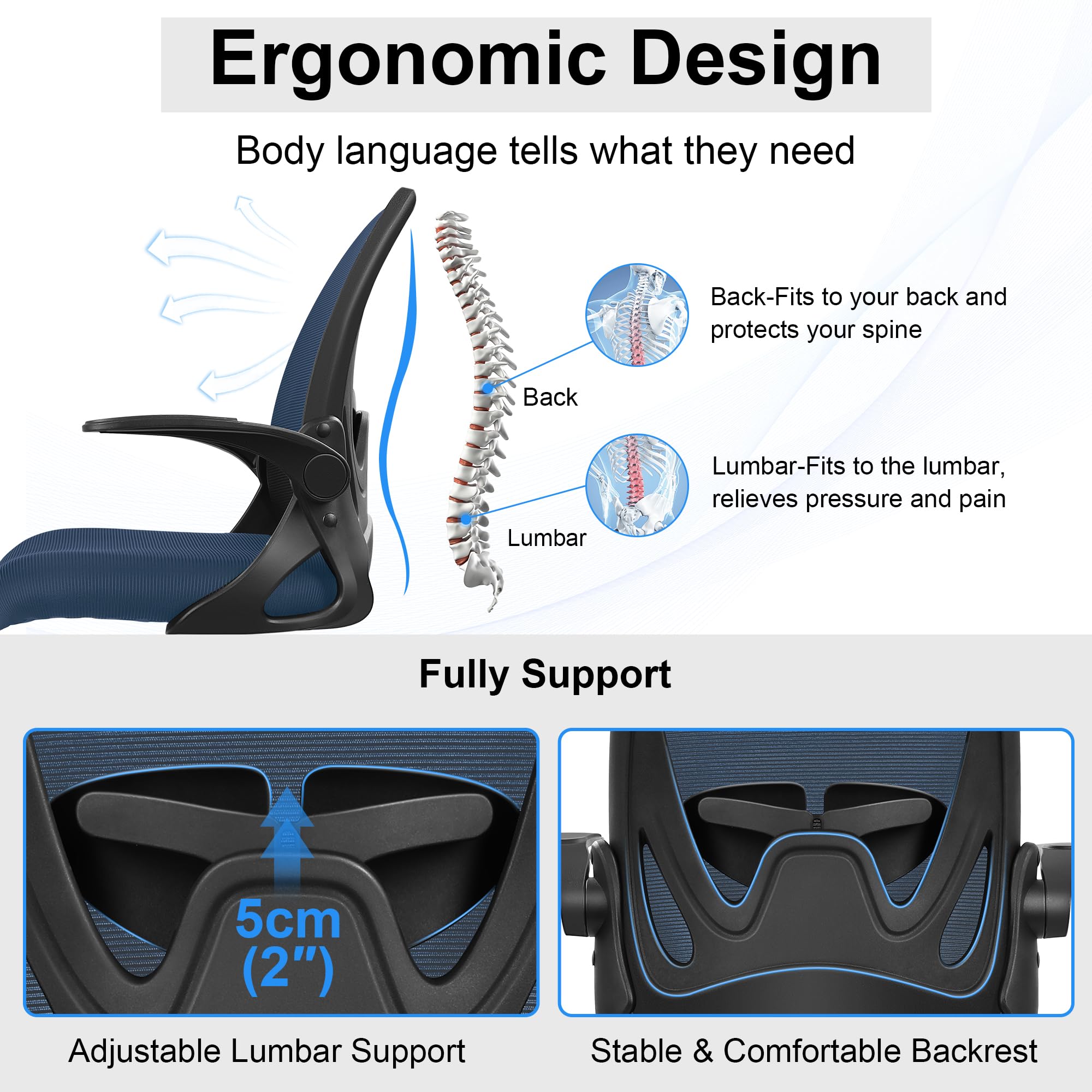 Drafting Chair Tall Office Chair with Flip-up Armrests Executive Ergonomic Computer Standing Desk Chair with Lumbar Support and Adjustable Footrest Ring (Navy)