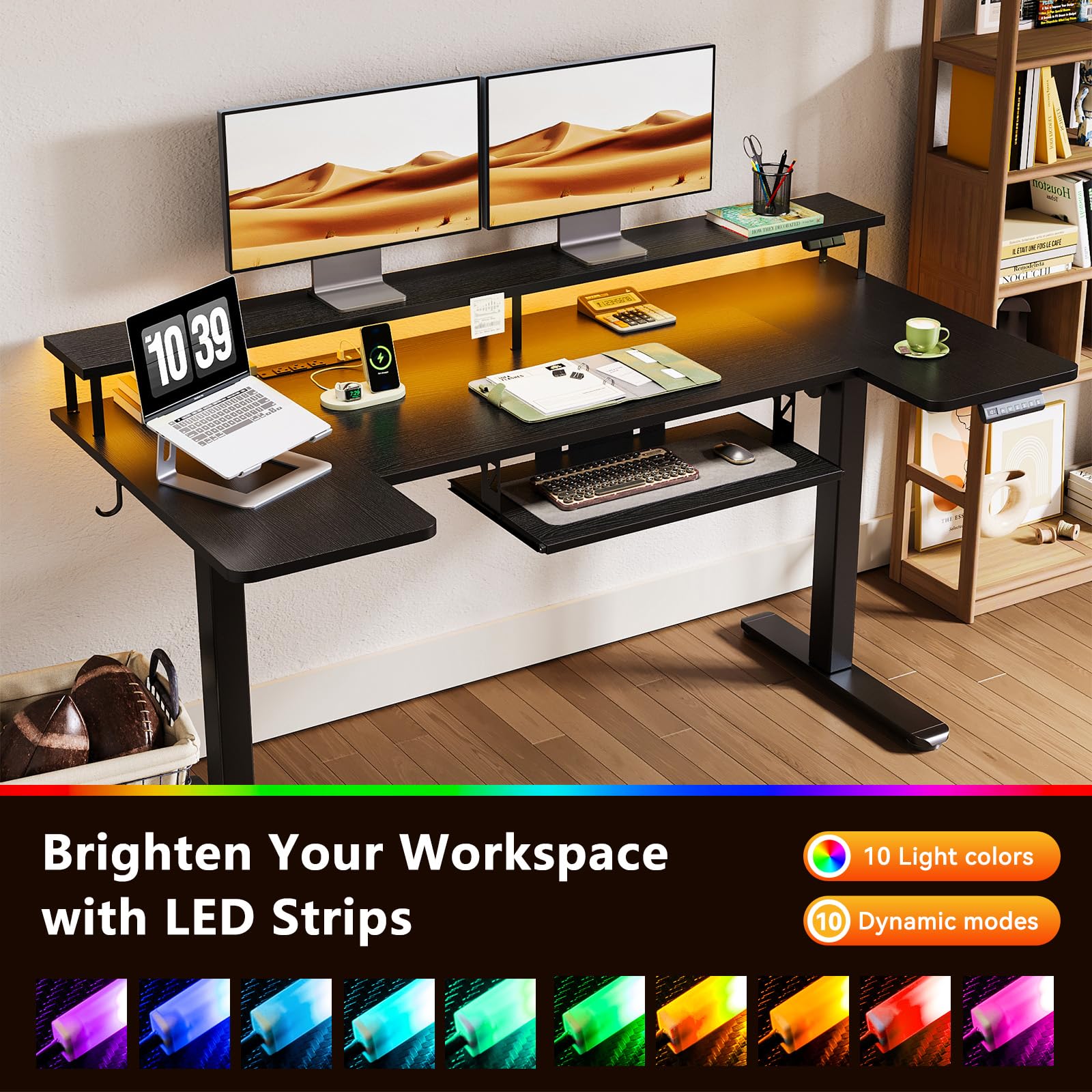 U Shaped Electric Standing Desk with Keyboard Tray, 63 Inch Height Adjustable Desk with Power Outlets & LED Lights, Sit Stand Table with Monitor Stand for Home, Office, Black