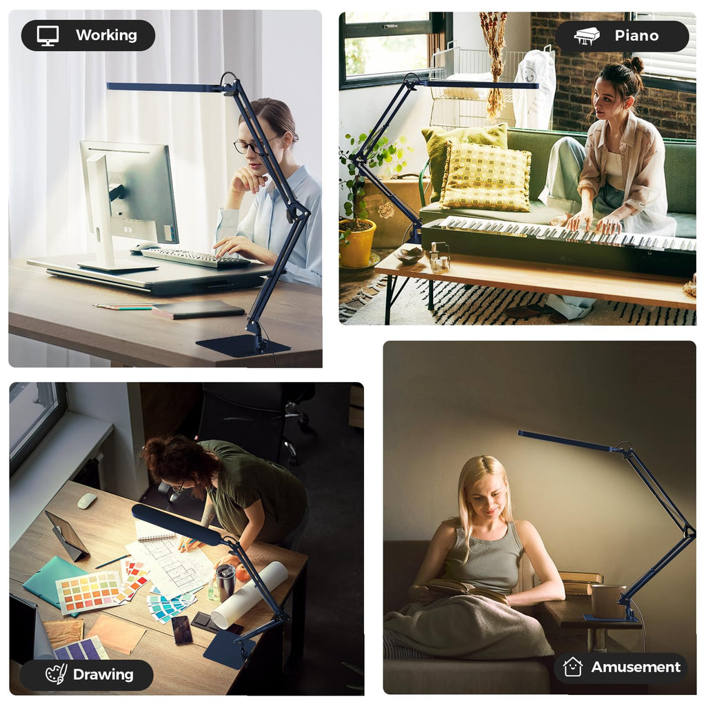 LED Desk Lamp with Slim Base - Adjustable Swing Arm Desk Light, Dimmable, Timer, Eye Protection, Memory Function, 1300LM, 12W, Blue