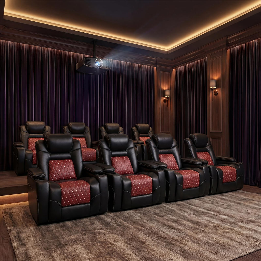Power Recliner Chair Set of 8,Home Theater Seating with Adjustable Headrest,Cup Holders,USB Port,Hidden Arm Storage(Black)