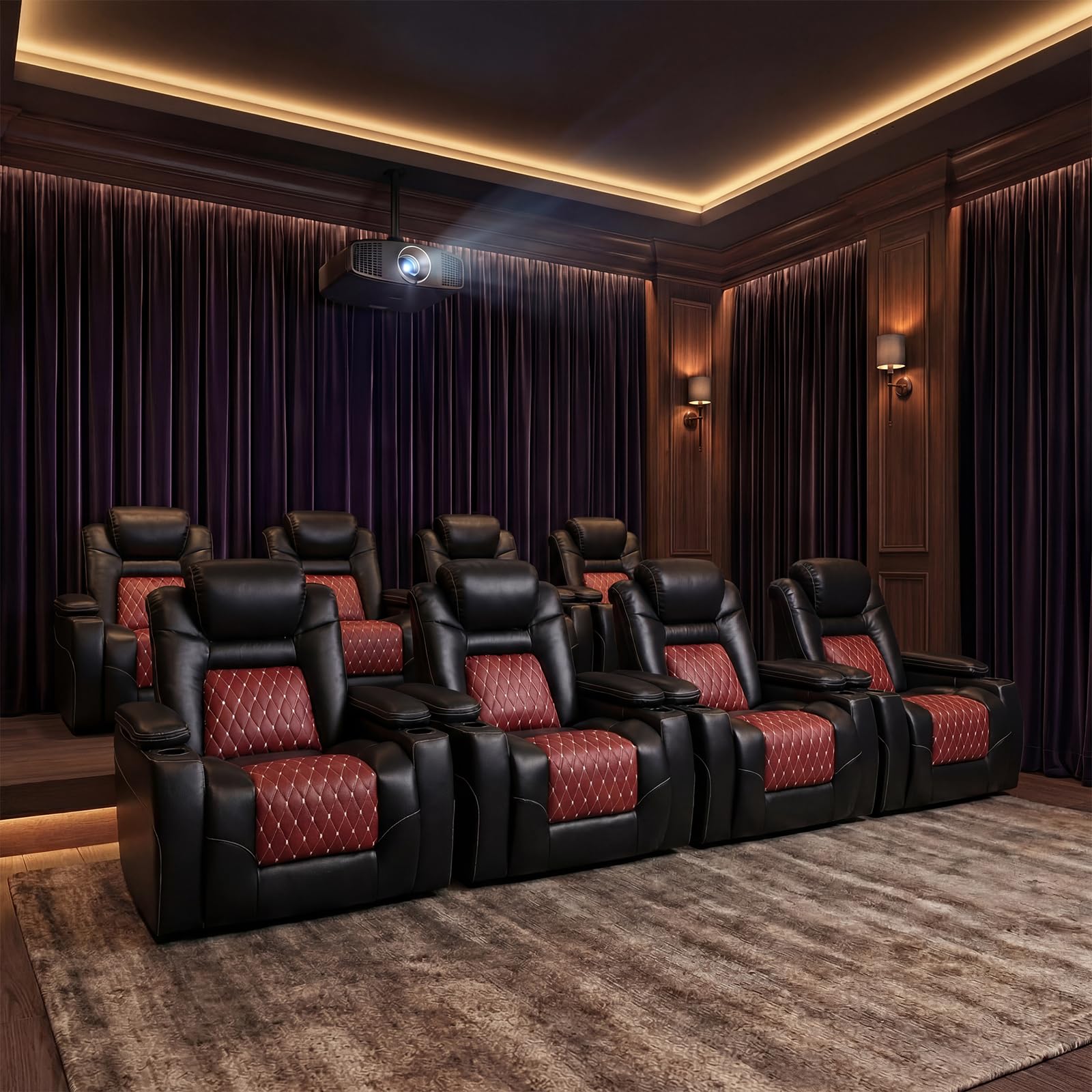 Power Recliner Chair Set of 8,Home Theater Seating with Adjustable Headrest,Cup Holders,USB Port,Hidden Arm Storage(Black)