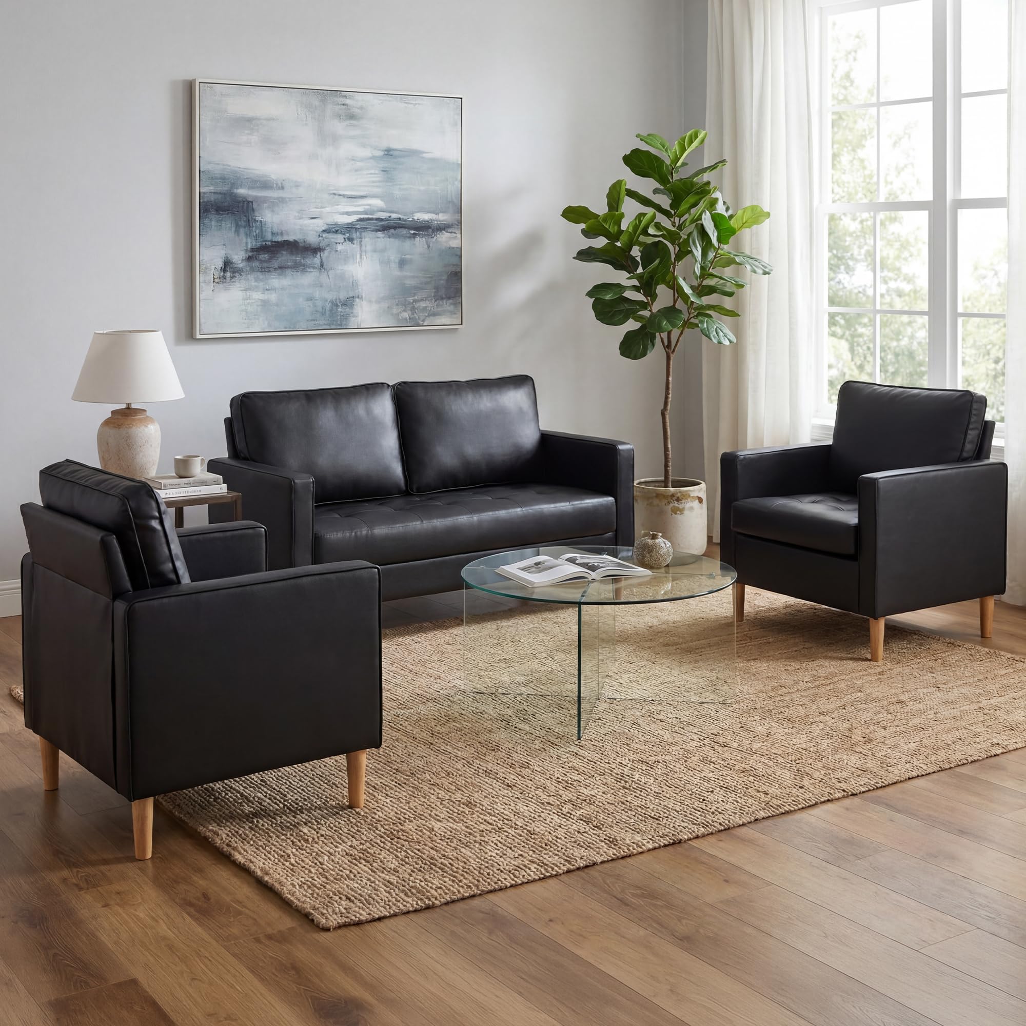 Mid-Century Sectional Sofa Set for Living Room Faux Leather Office 2 Pcs Couch Set with Armrest Modern Upholstered Loveseat Couches (1-Seater+2-Seater, Black)