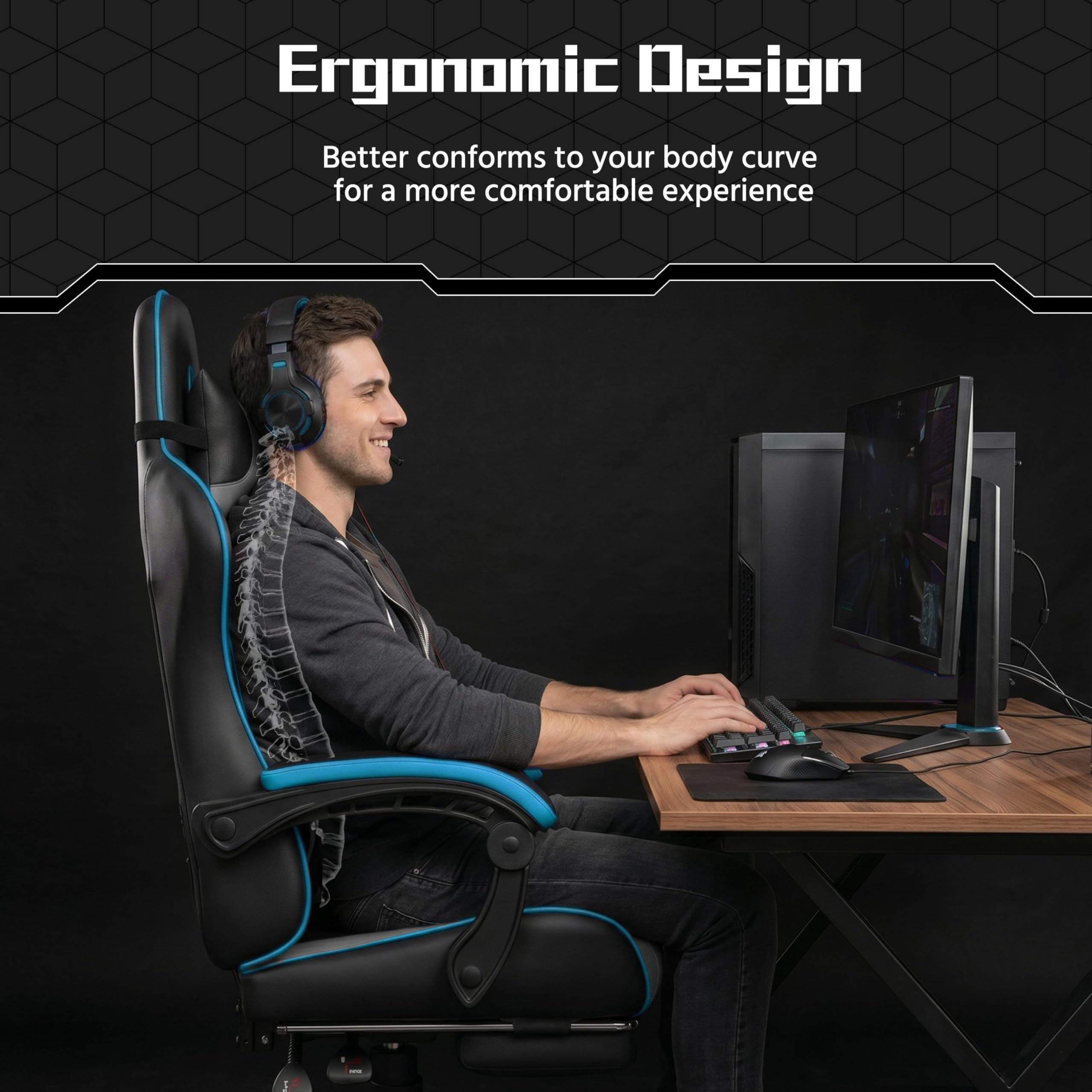Gaming Chair, Video Game Chair with Massage Lumbar Support and Footrest Height Adjustable Ergonomic Computer Chair with Swivel Seat and Headrest, Black/Gray