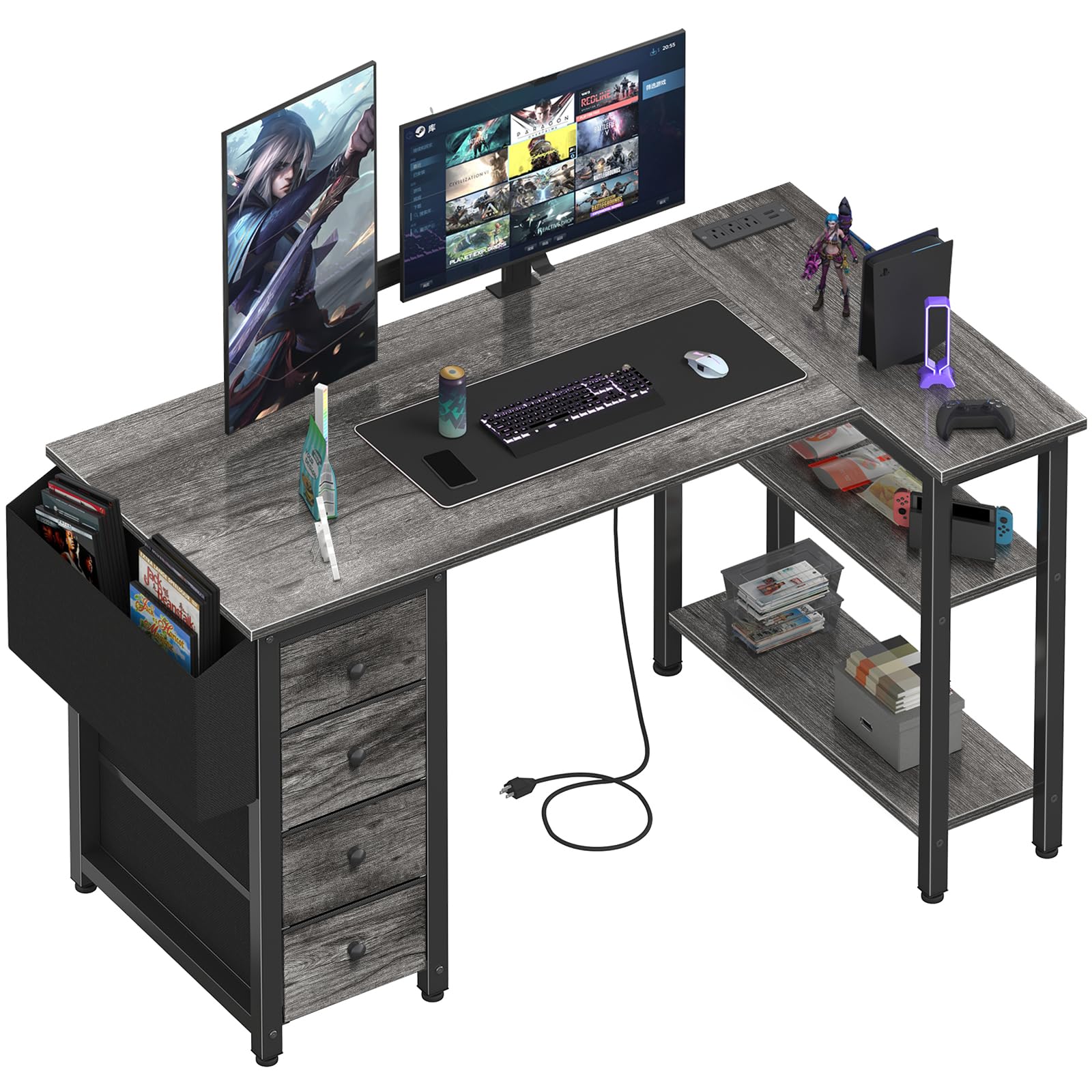 L Shaped Computer Desk with Drawers & Storage Shelves, 47 Inch Small Corner Desk with Power Outlet for Home Office Bedroom, L-Shaped Gaming PC Desks with Fabric Drawer, Gray