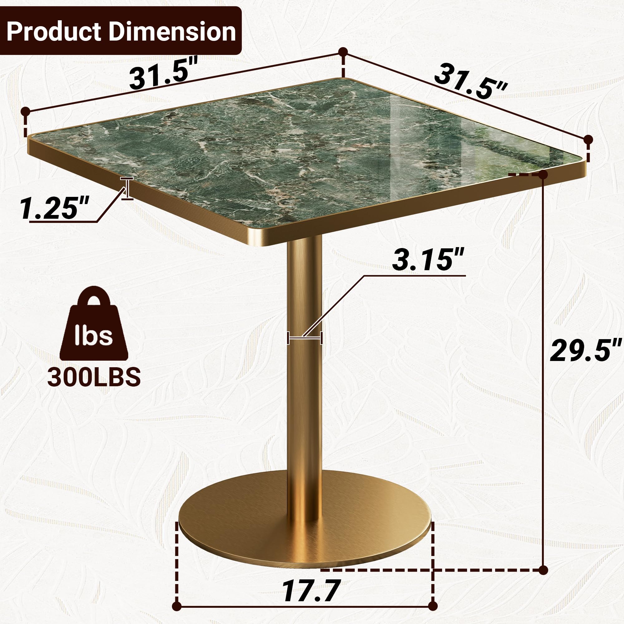 hausway 31.5" Tulip Table,Square Kitchen Dining Table for 2-4 with Thick Sintered Stone Top,Titanium Golden Pedestal Base,Heat-Resistant,Bistro Table for Dining Room,Café,Small Space（Emerald Essence）