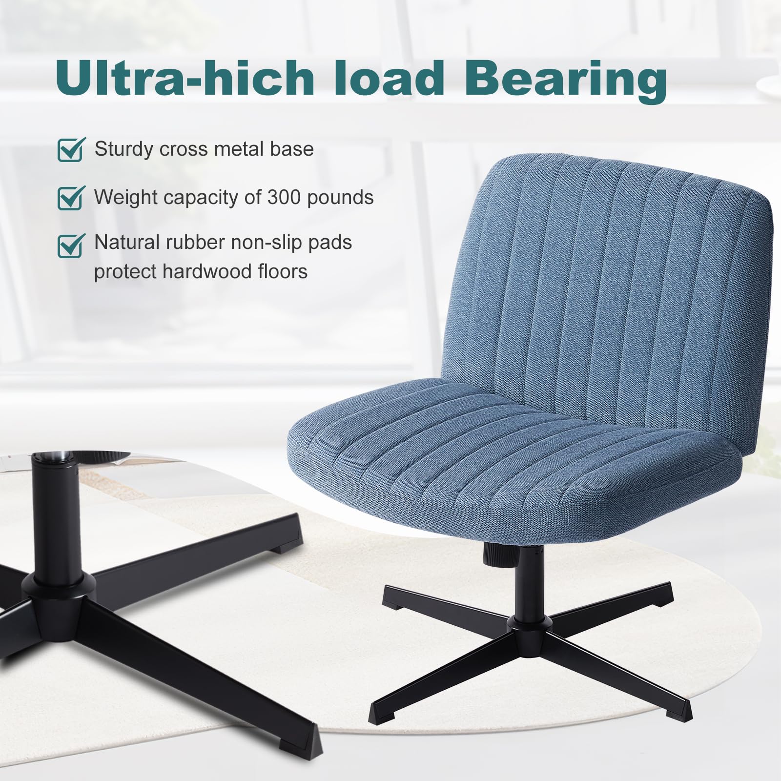 Criss Cross Chairs Legged Armless No Wheels Wide Seat Height Adjustable Swivel Rolling Padded Fabric Home Office Desk Seating for Bedroom, Student, Study Room