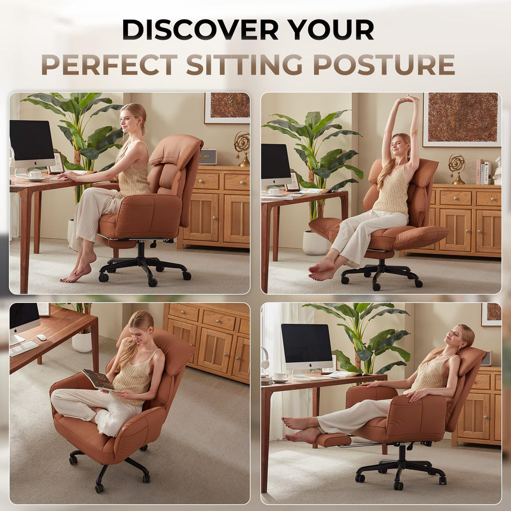 Cross Legged Office Chair with Pivoting Armrests,Criss Cross Chair with Pocket Spring Seat & Back,Reclining Computer Gaming Chair with Footrest and Metal Base (Brown)