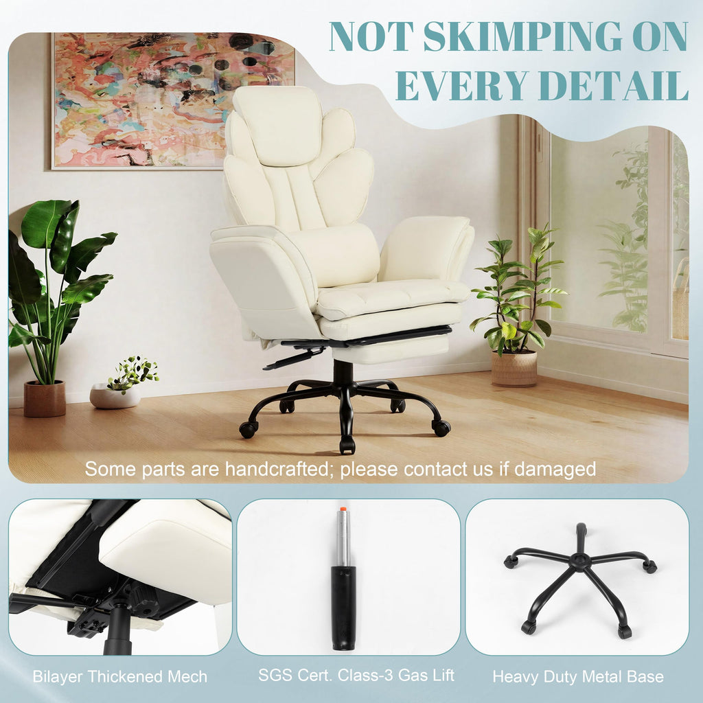 Flip Armrests Criss Cross Office Chair, Reclining Office Chair with Foot Rest, Adjustable Headrest, Massage Waist Pillow, Cross Legged Big and Tall Desk Chair Wide Seat Vanity Chair, PU Leather White