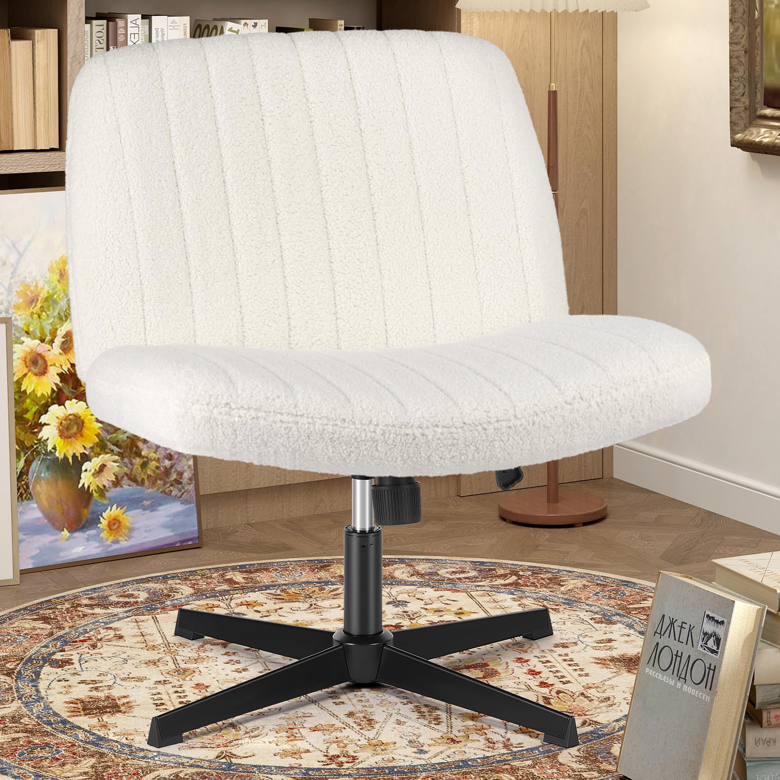 Criss Cross Chairs Legged Armless No Wheels Wide Seat Height Adjustable Swivel Rolling Padded Furry Cute Home Office Desk Seating for Bedroom, Student, Study Room