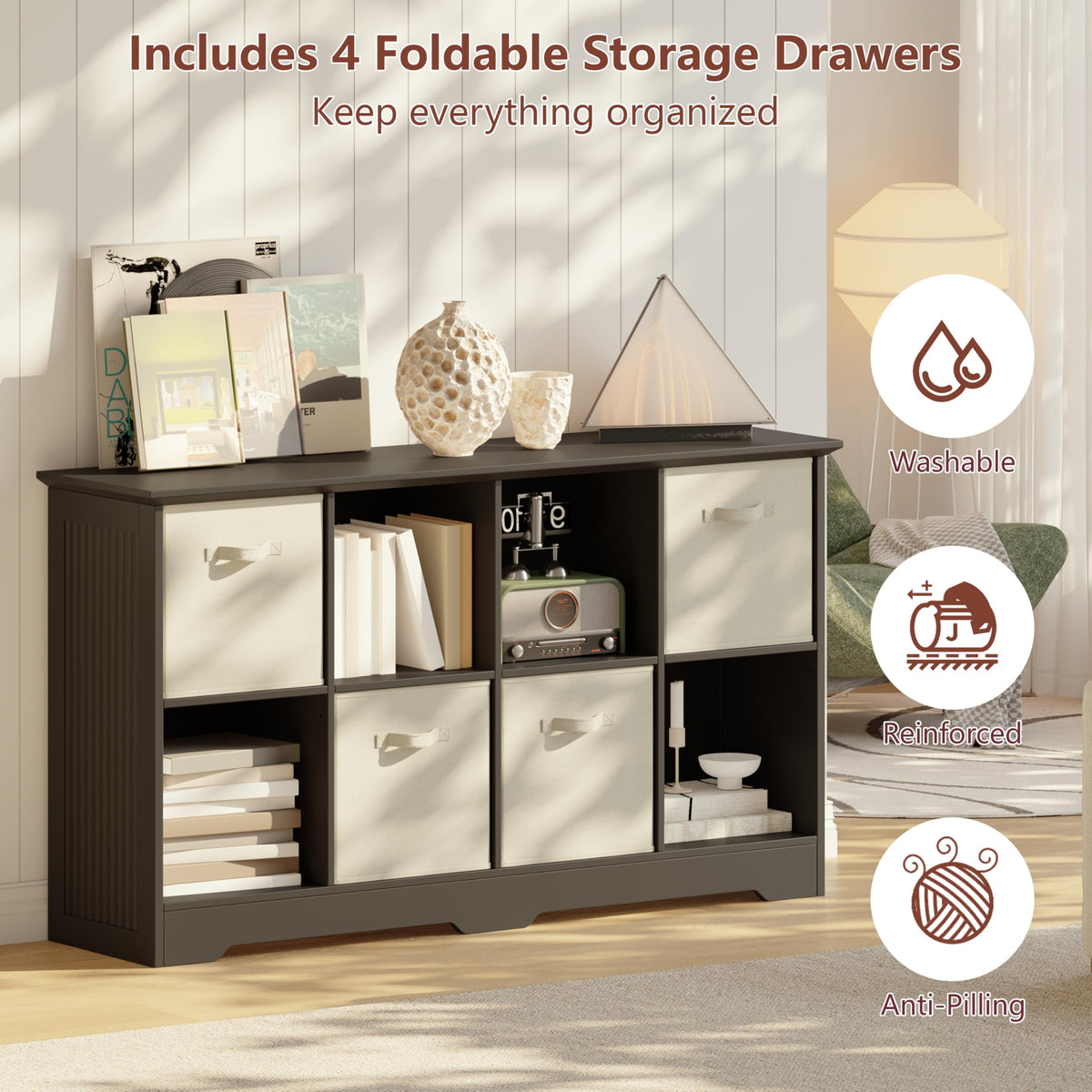 8 Cube Storage Organizer with 4 Fabric Drawers and Removable Shelves — Modular Cube Bookshelf for Bedroom, Living Room, or Home Office, Short Cube Bookcase for Toys, Decor,Black