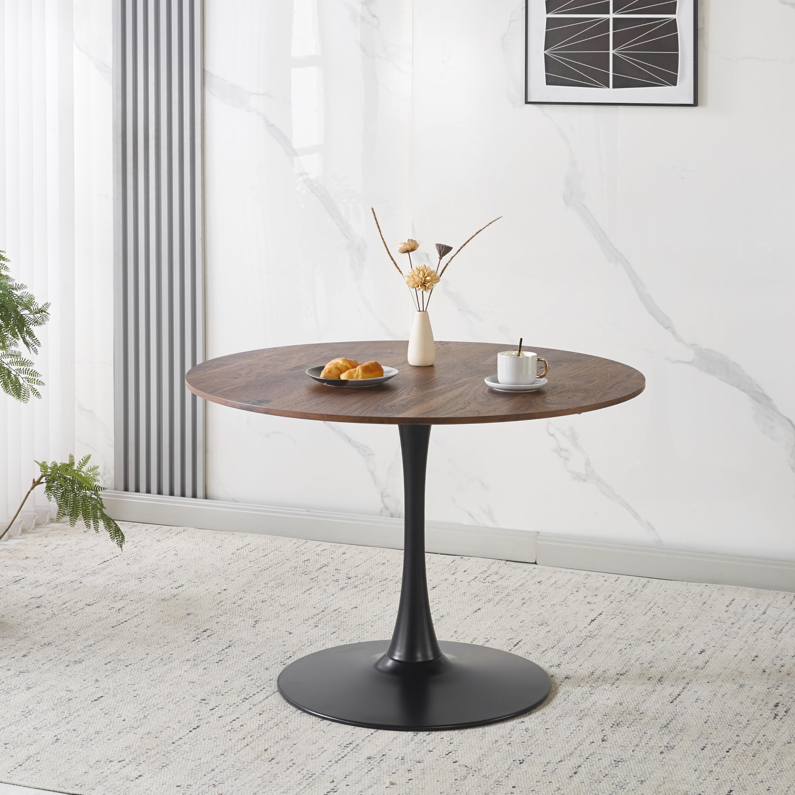 Sybrioka 42" Tulip Table for 4-6 Persons Modern Round Dining Room Table, Mid-Century Modern Walnut Small Kitchen Table with MDF Wooden Top, Leisure Coffee Table for Living Room, Dining Room, Office