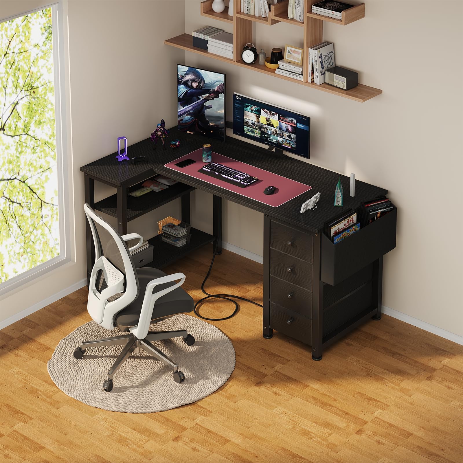 L Shaped Gaming Desk with Power Outlet, 47 Inch Reversible Corner Computer Desk with Drawers & Storage Shelves for Home Office Bedroom, L-Shaped Teen PC Desks with Fabric Drawer, Black