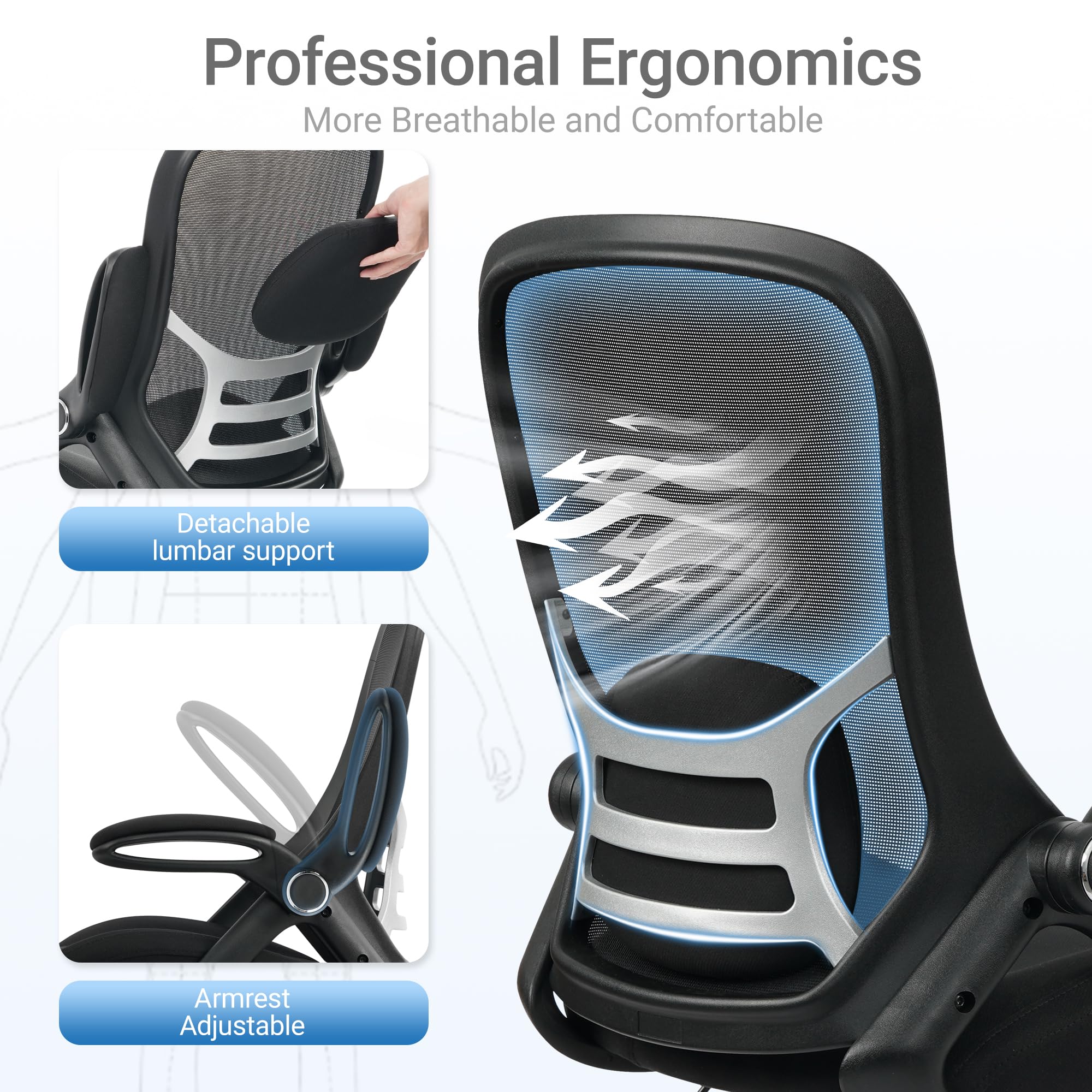 400lbs Big and Tall Heavy Duty Drafting Chair 5" Thickened Seat Tall Office Chair Flip-Up Armrests Ergonomic Chair with Lumbar Support and Adjustable Footrest Ring Standing Desk Chair (Black)
