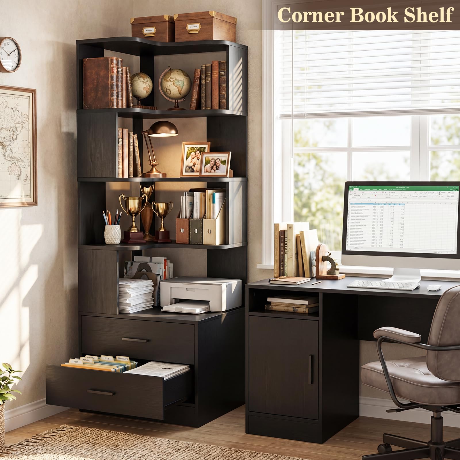 Corner Book Shelf with Drawers, Small Corner Shelf with Drawers