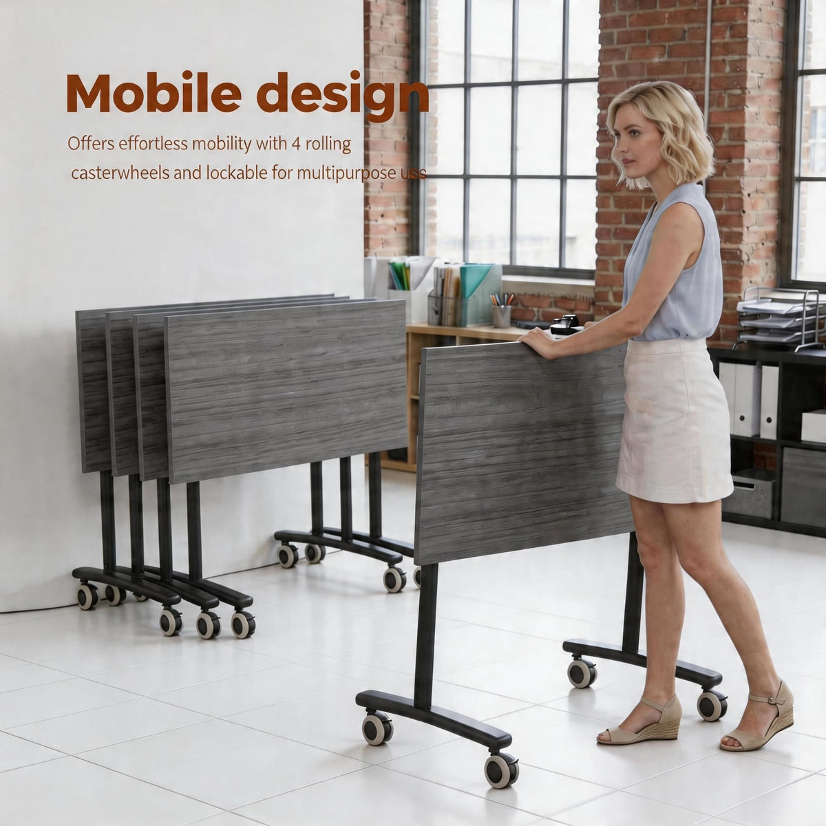 10 Pack Flip Top Training Table with Lockable Wheels, Mobile Nesting Folding Conference Table, Space Saving Seminar Desk for Classroom, Office, Library (Gray, 47"×16"×30")